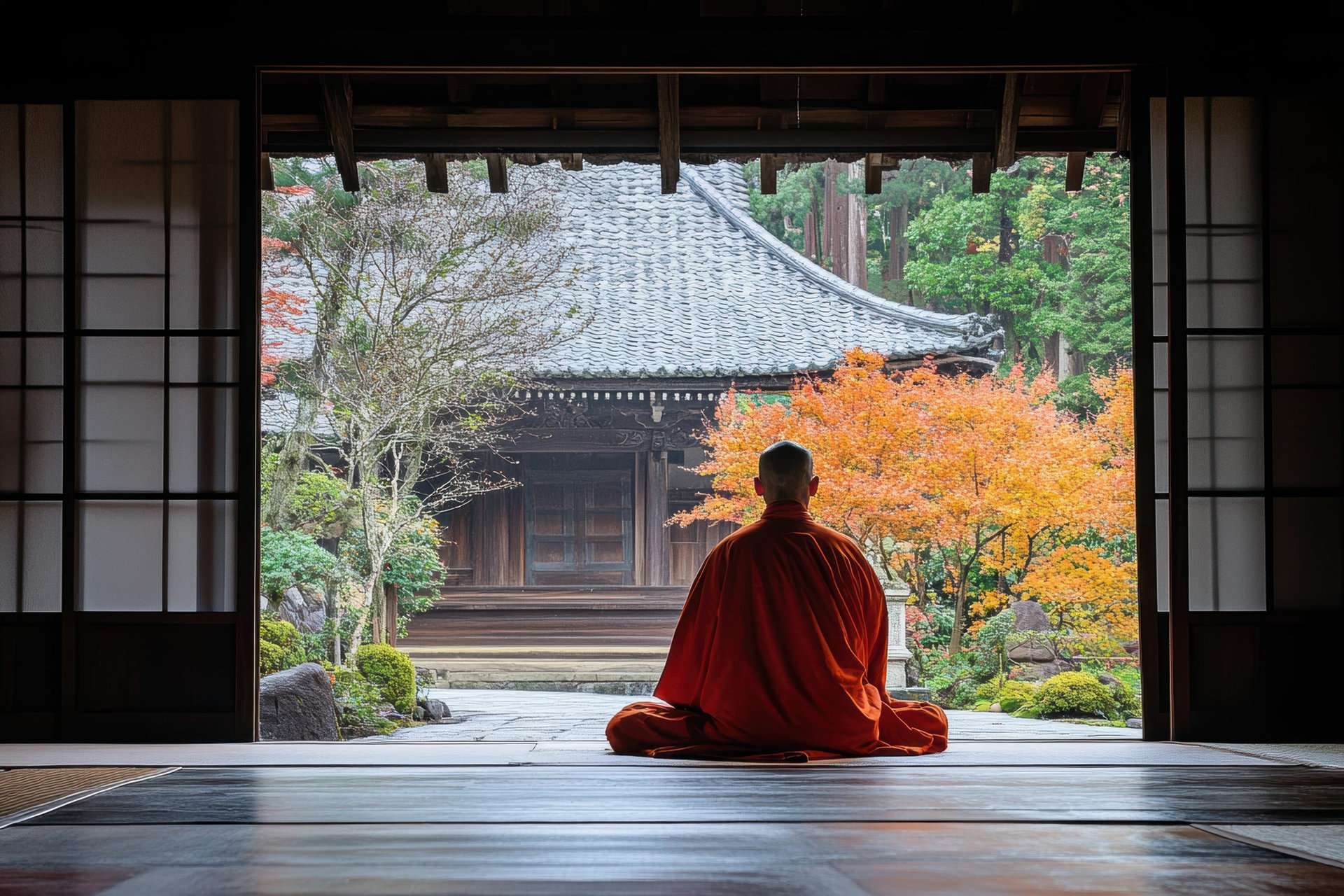 Monk praying in temple at Koyasan Japan