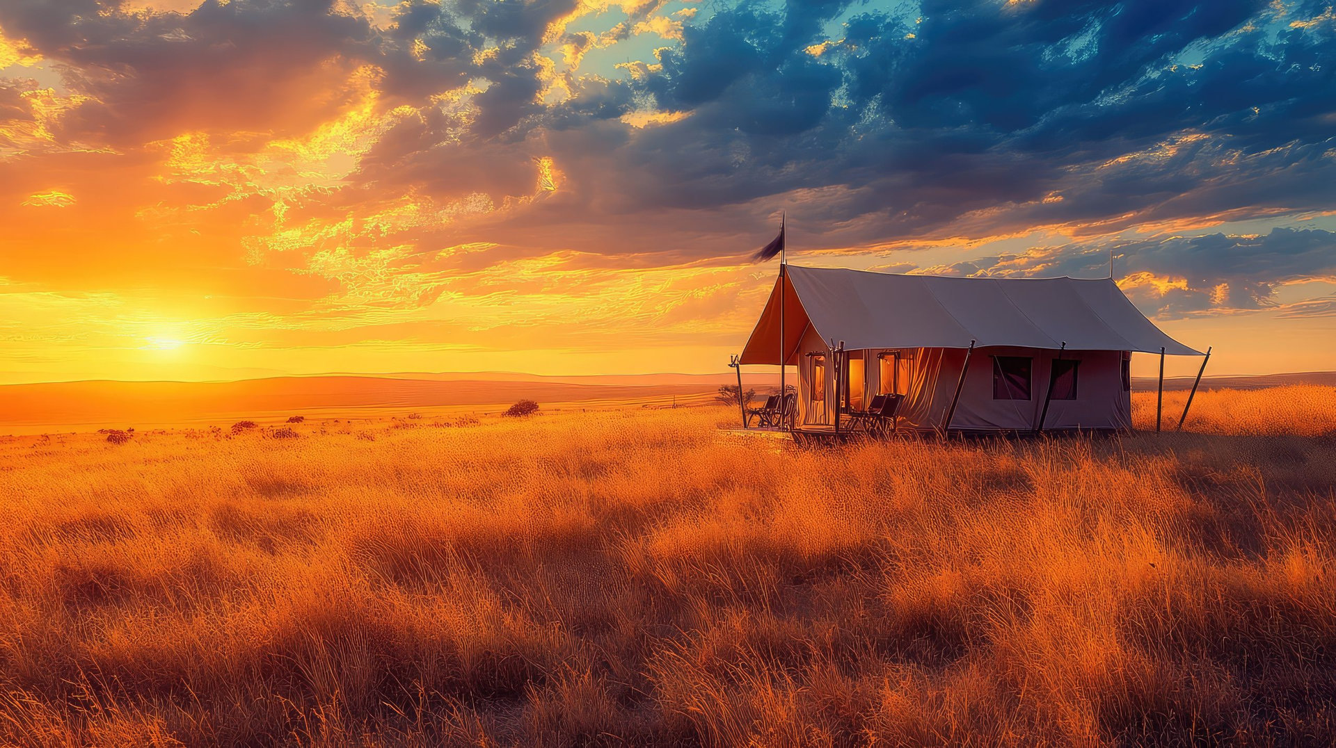 A luxury tented safari lodge surrounded by vast plains and a glowing sunset.