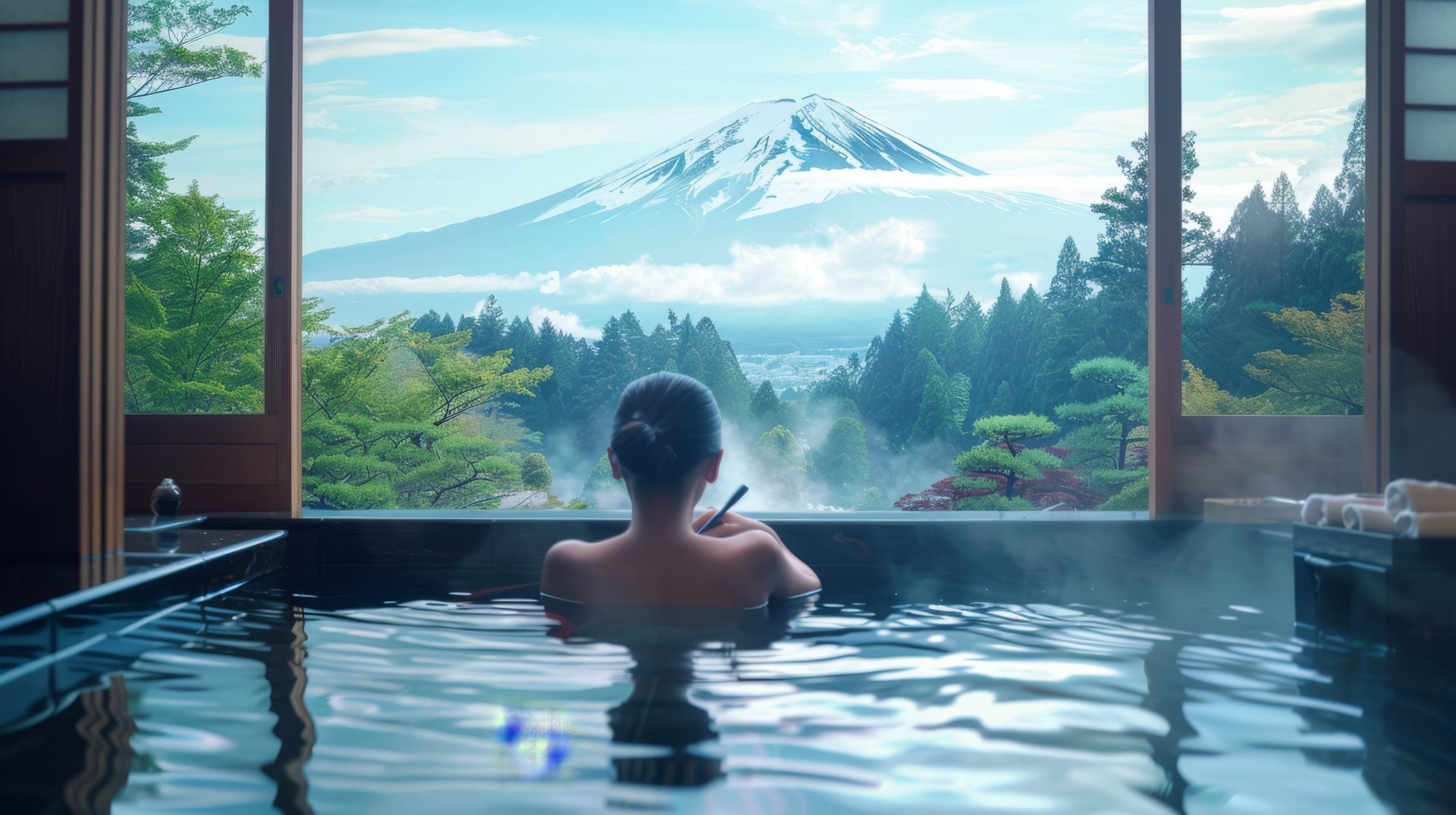 A serene onsen bath with a view of Mount Fuji, a person relaxing in water, surrounded by lush greenery and mist. Ideal for travel and wellness.