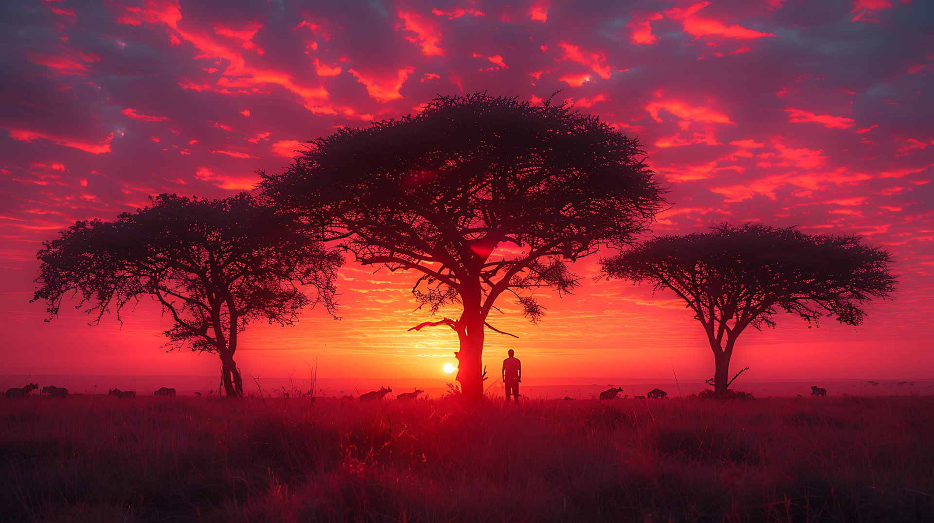 A tranquil safari moment in Serengeti National Park, Tanzania, with a lone traveler observing the Great Migration, acacia trees silhouetted against a vibrant sunset, and wildlife all around. DSLR,