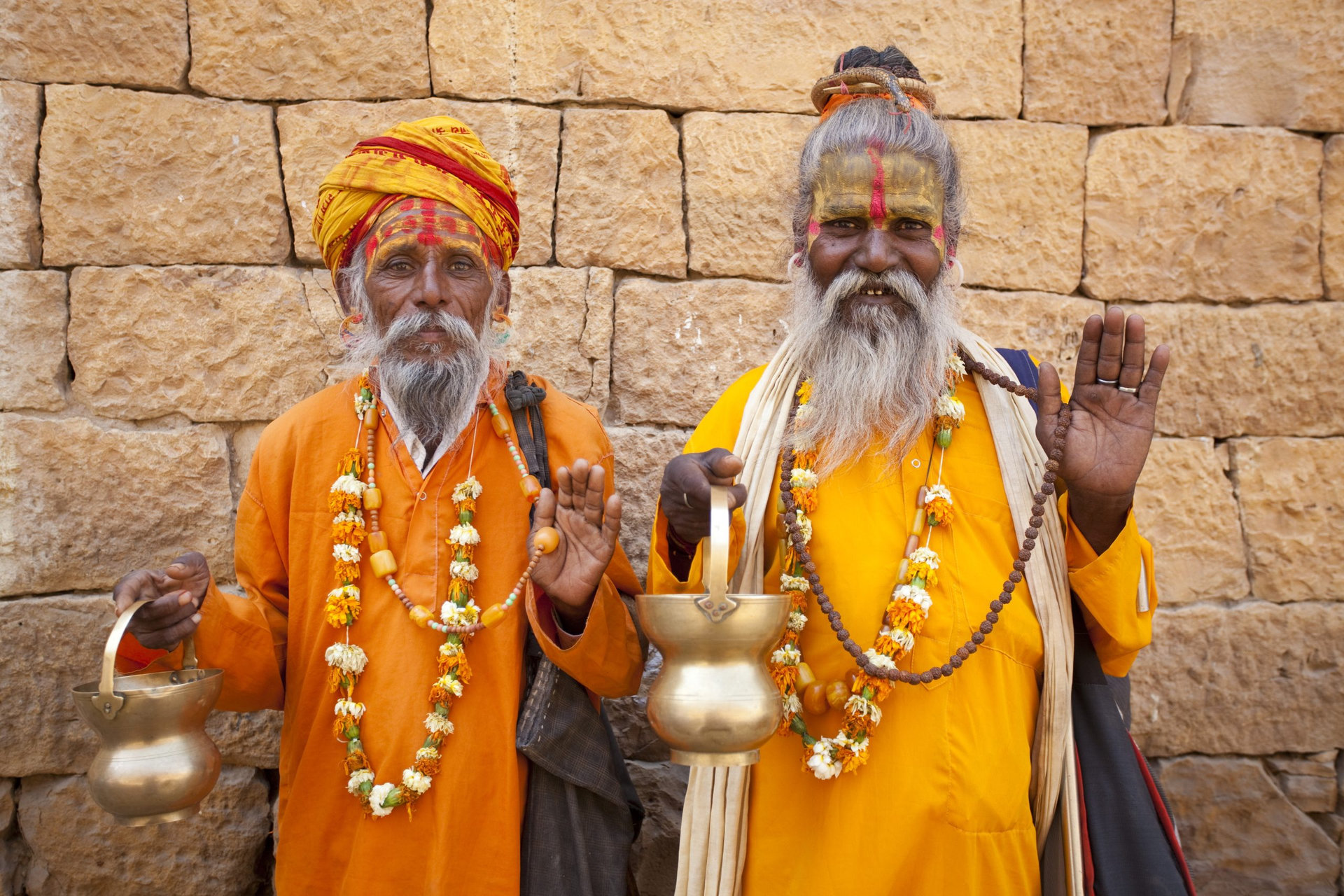 jain priest welcoming saluting in jaisalmer in rajasthan state in india