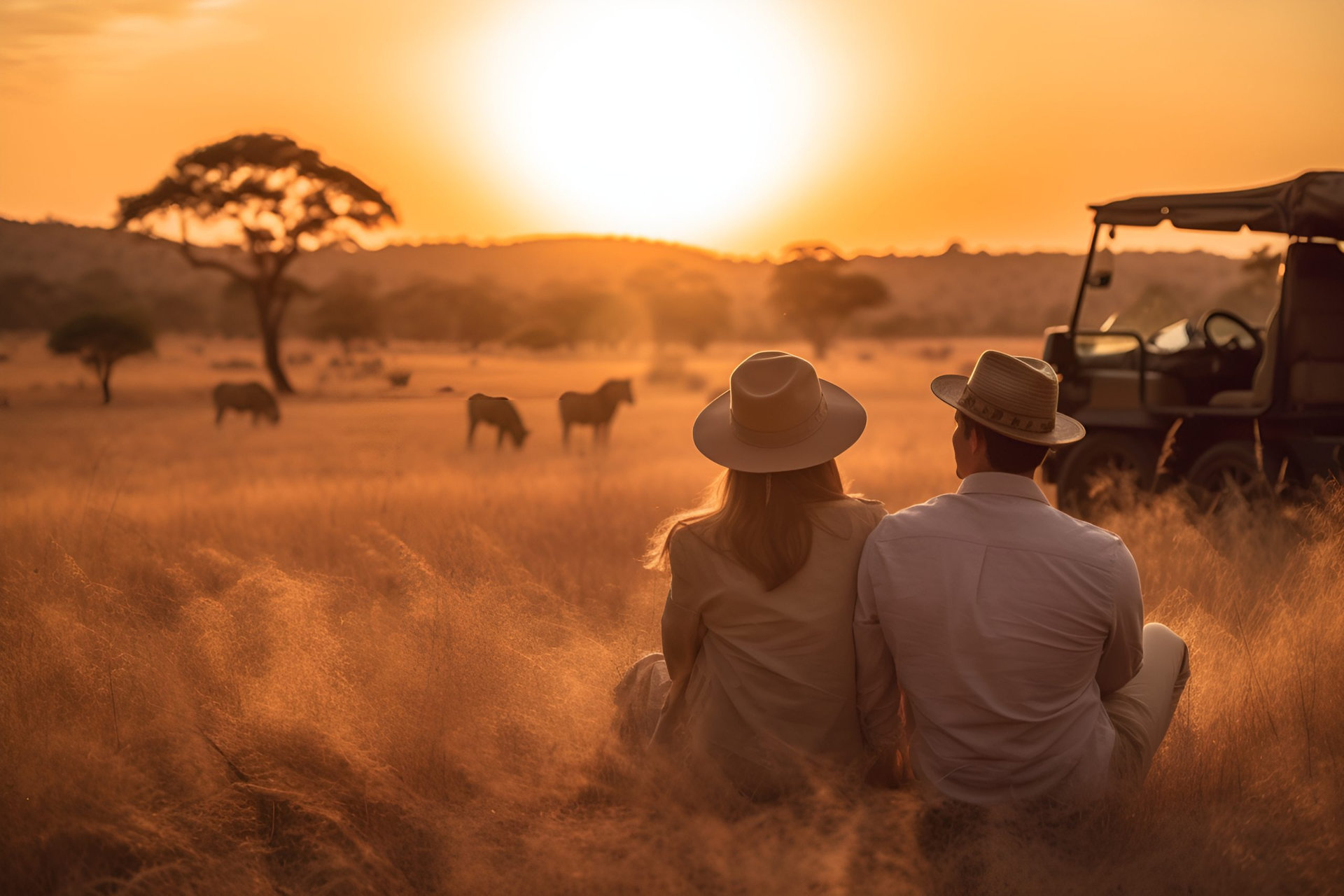 a couple on a safari sitting on grassland jeep and wildlife in t