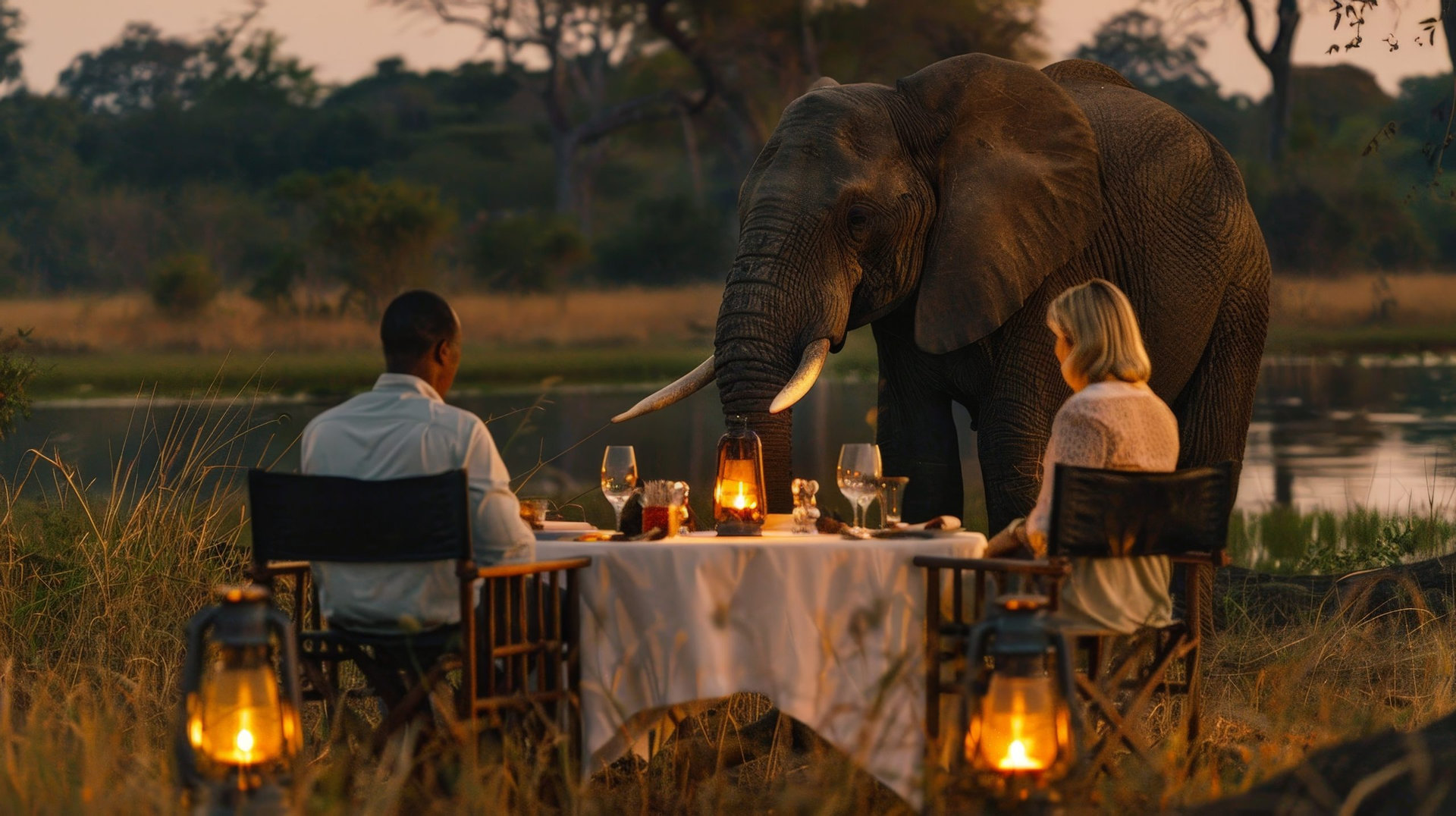Elephant joins couple for romantic dinner in the wild.