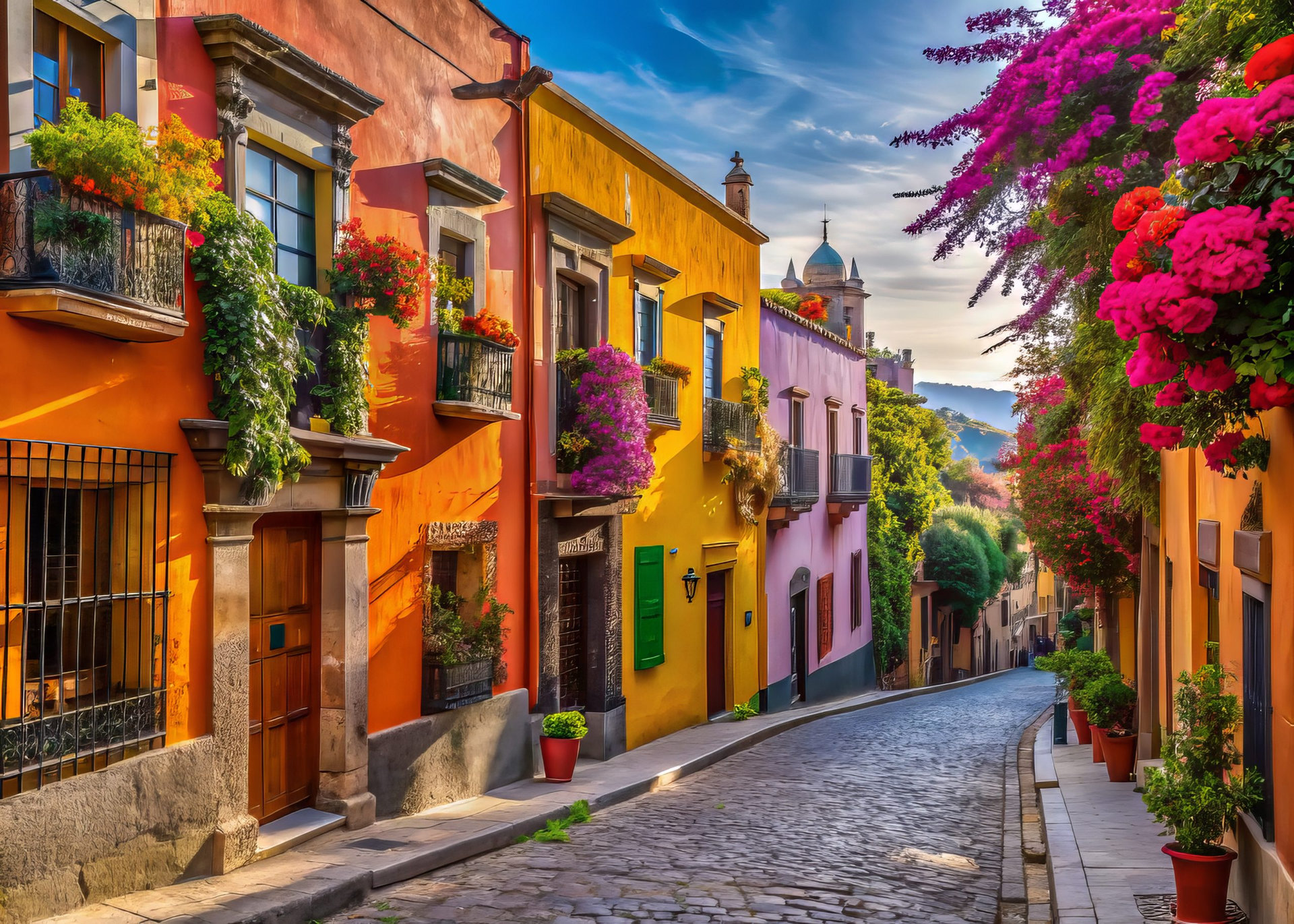 Vibrant colonial architecture lines cobblestone streets, adorned with blooming flowers, ornate balconies, and brightly colored facades, showcasing San Miguel de Allende's charming Mexican heritage.