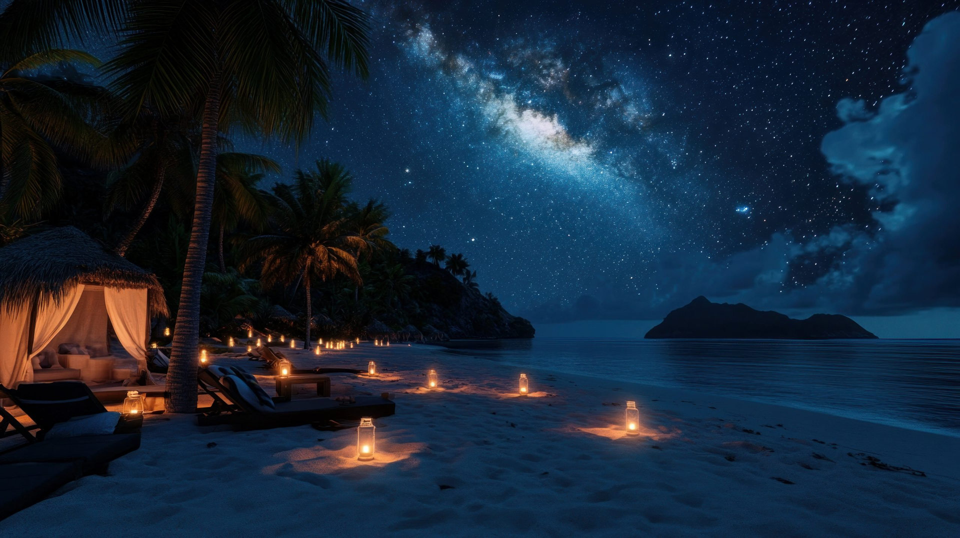 A starry night for a movie on the beach of a tropical island. A really calm and relaxed outdoor movie scene with soft candles lighting up the palm trees and Milky Way. Summertime getaway