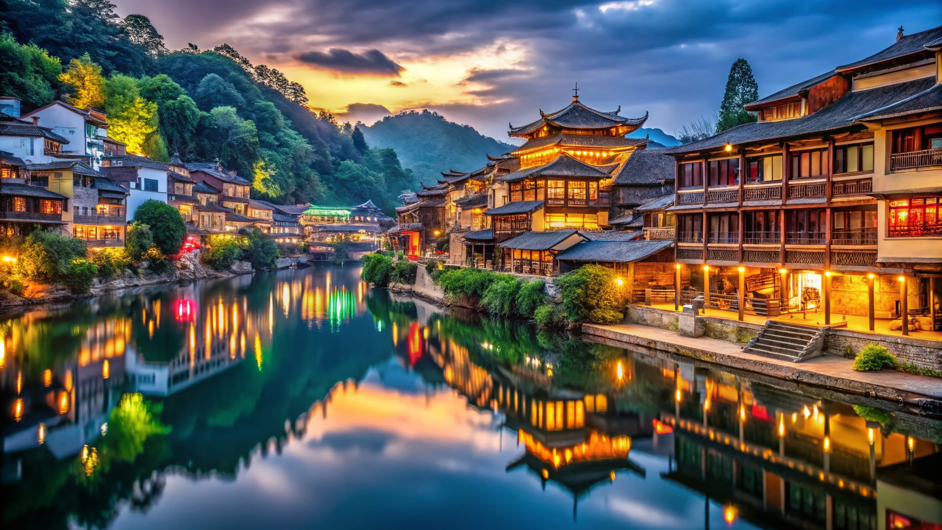 Enchanting Nightscape of Furong Ancient Town with Vibrant Lights and Reflections on Waterways