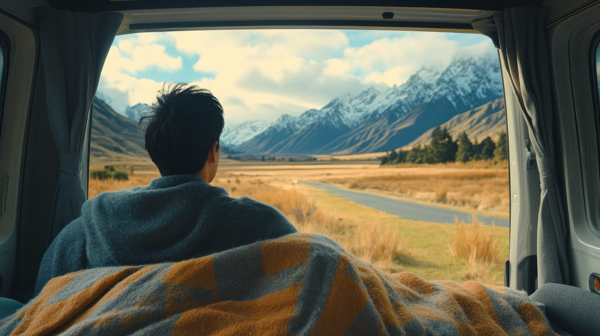 A young Asian man was sleeping on the blanket and enjoying the early view of the mountains through the camper van's window. Summertime road trip around New Zealand's South Island.