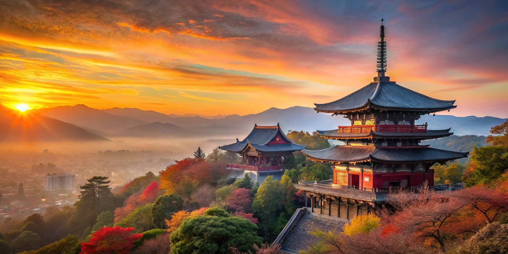 Sunrise over Sanjunoto pagoda and Kiyomizu dera Temple in autumn season Kyoto Tilted Angle