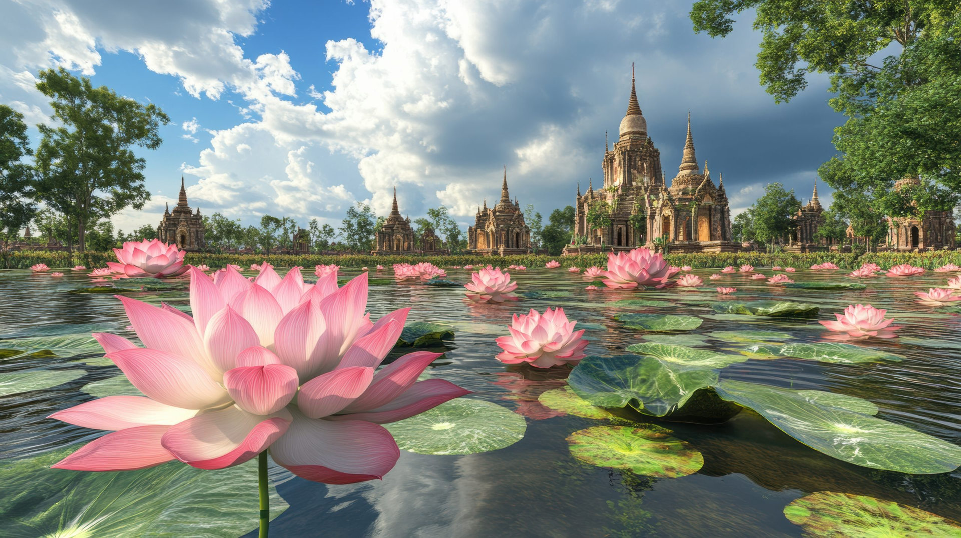 A photorealistic image of a single pink lotus flower blooming in a pond, with a golden temple in the background. The image is lit by the warm golden light of the sun