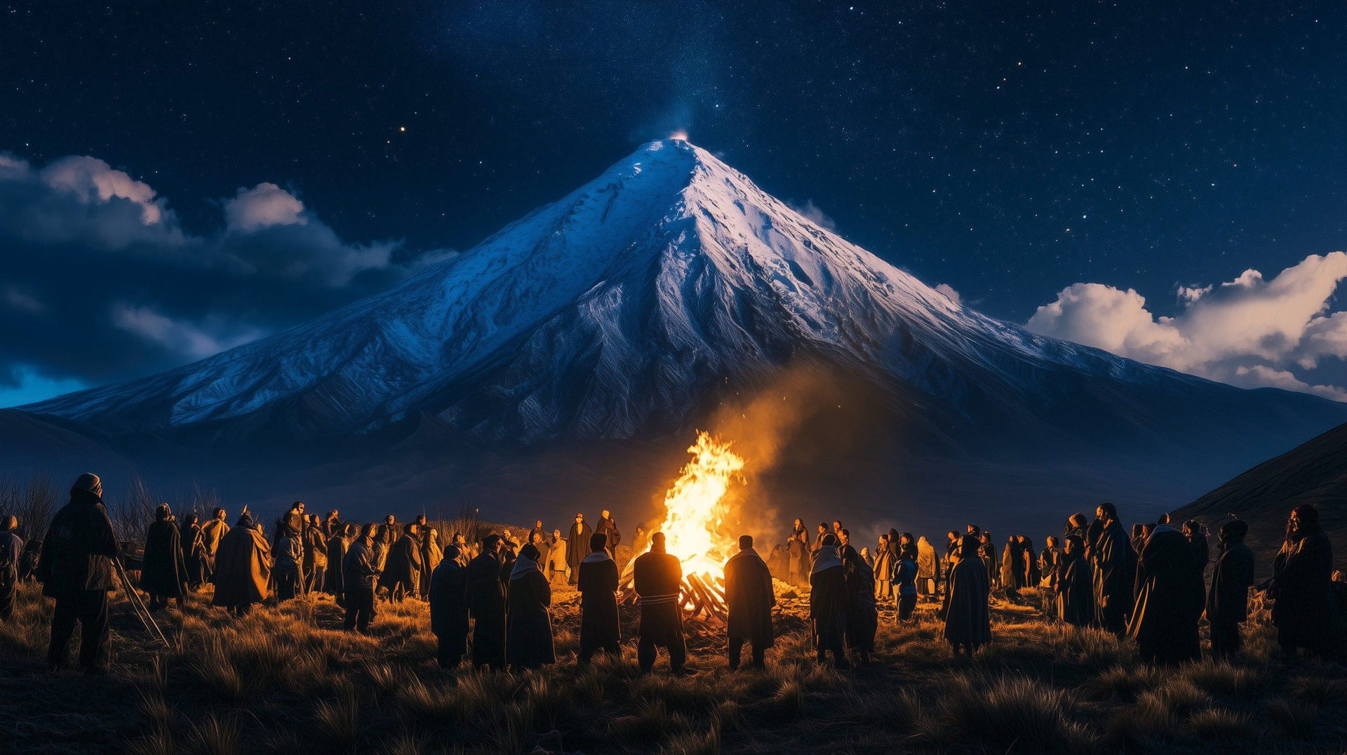 Qoyllur Rit'i, pilgrims gather under a night sky full of stars at the foot of a snow-capped mountain, a huge bonfire burning in their midst, Ai generated images