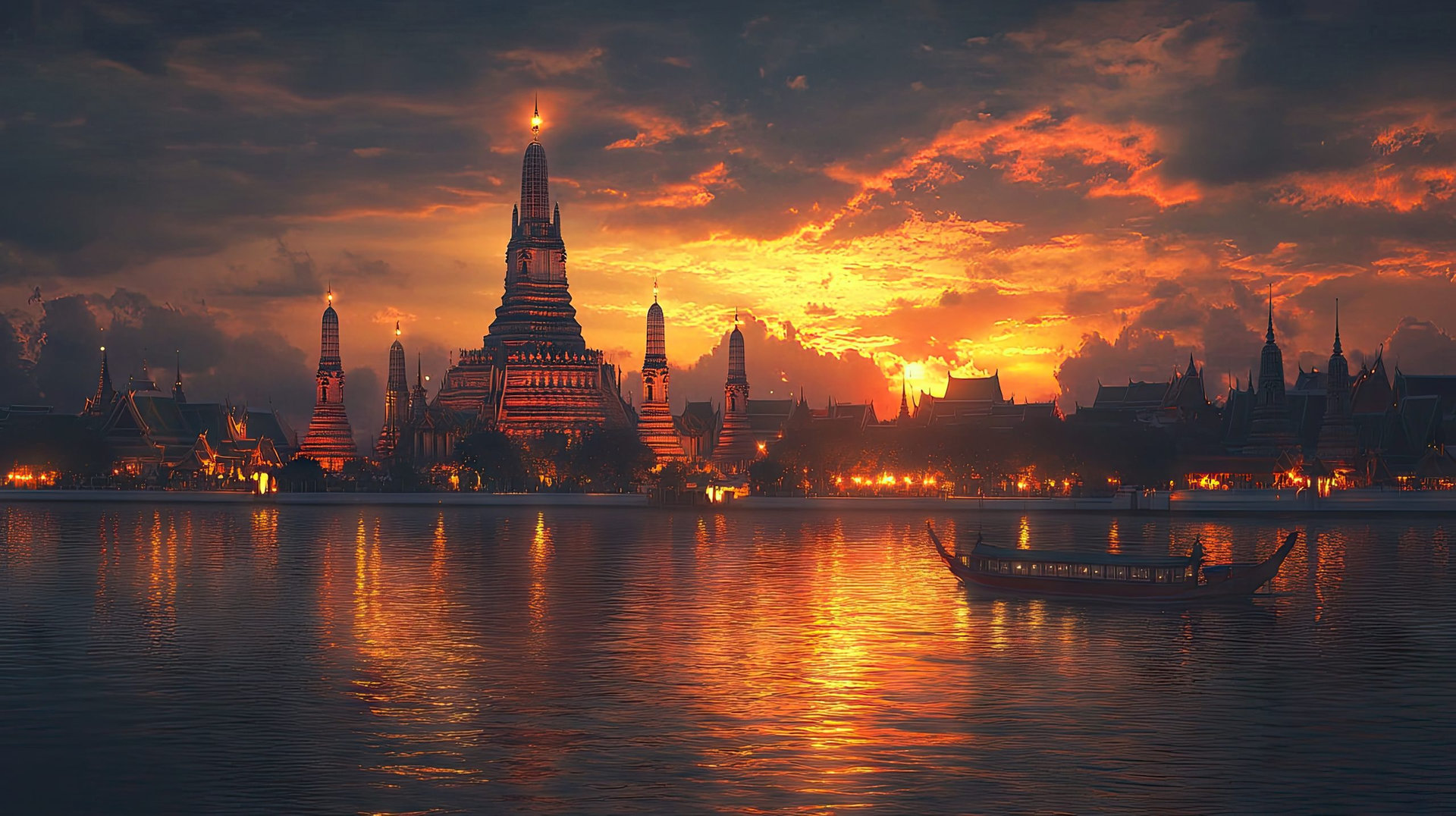 A breathtaking view of Wat Arun temple in Bangkok at sunset, with the glowing sky illuminating its spires and casting a serene reflection on the river below.