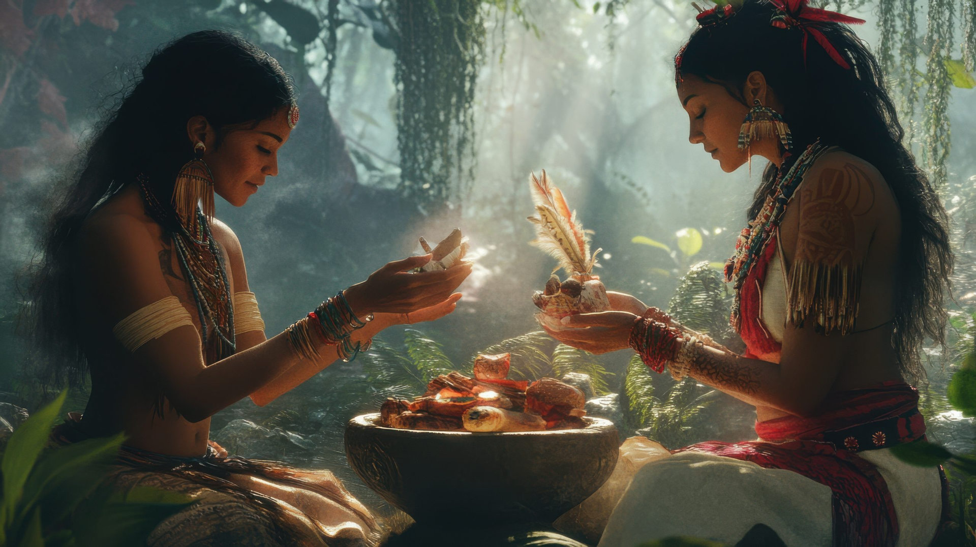A scene of friends exchanging Indigenous gifts, with realistic lighting