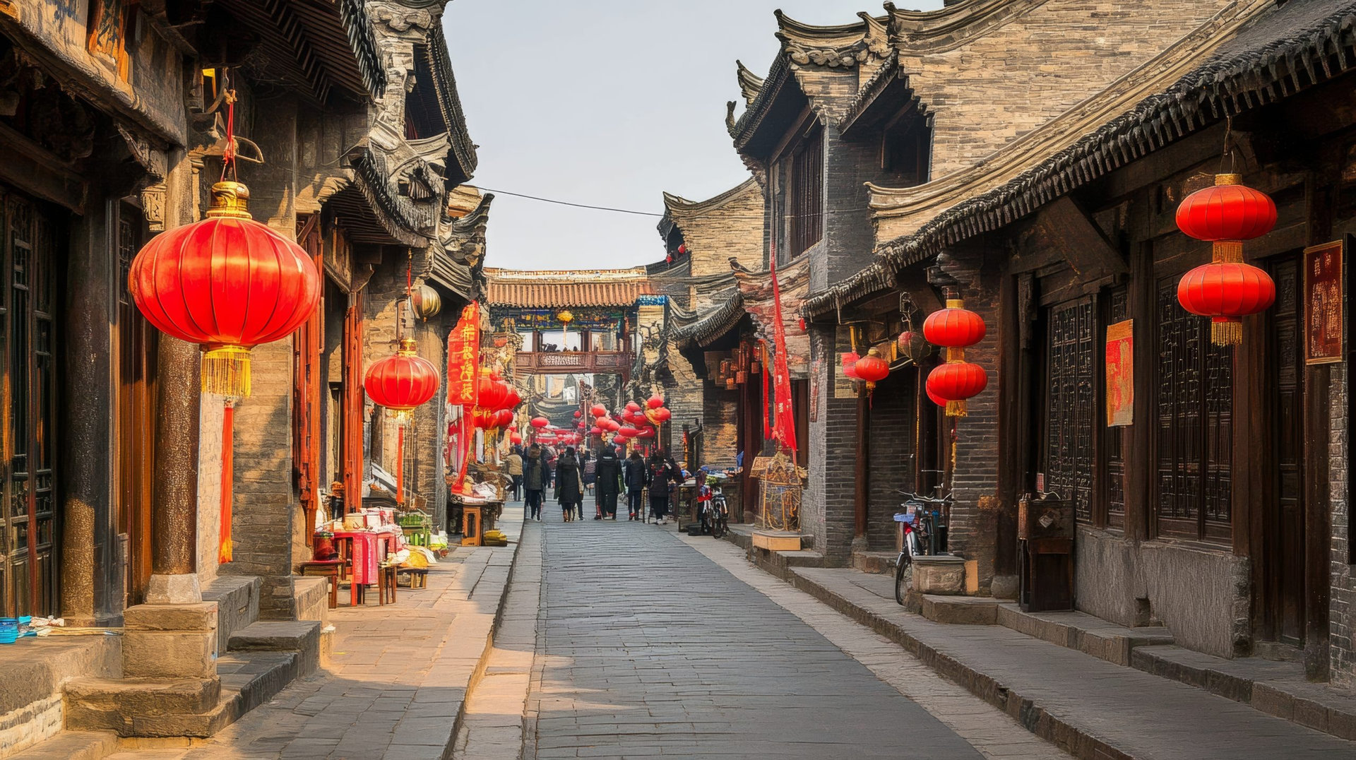 The decoration of red lampions on the streets of Pingyao Ancient Town China.