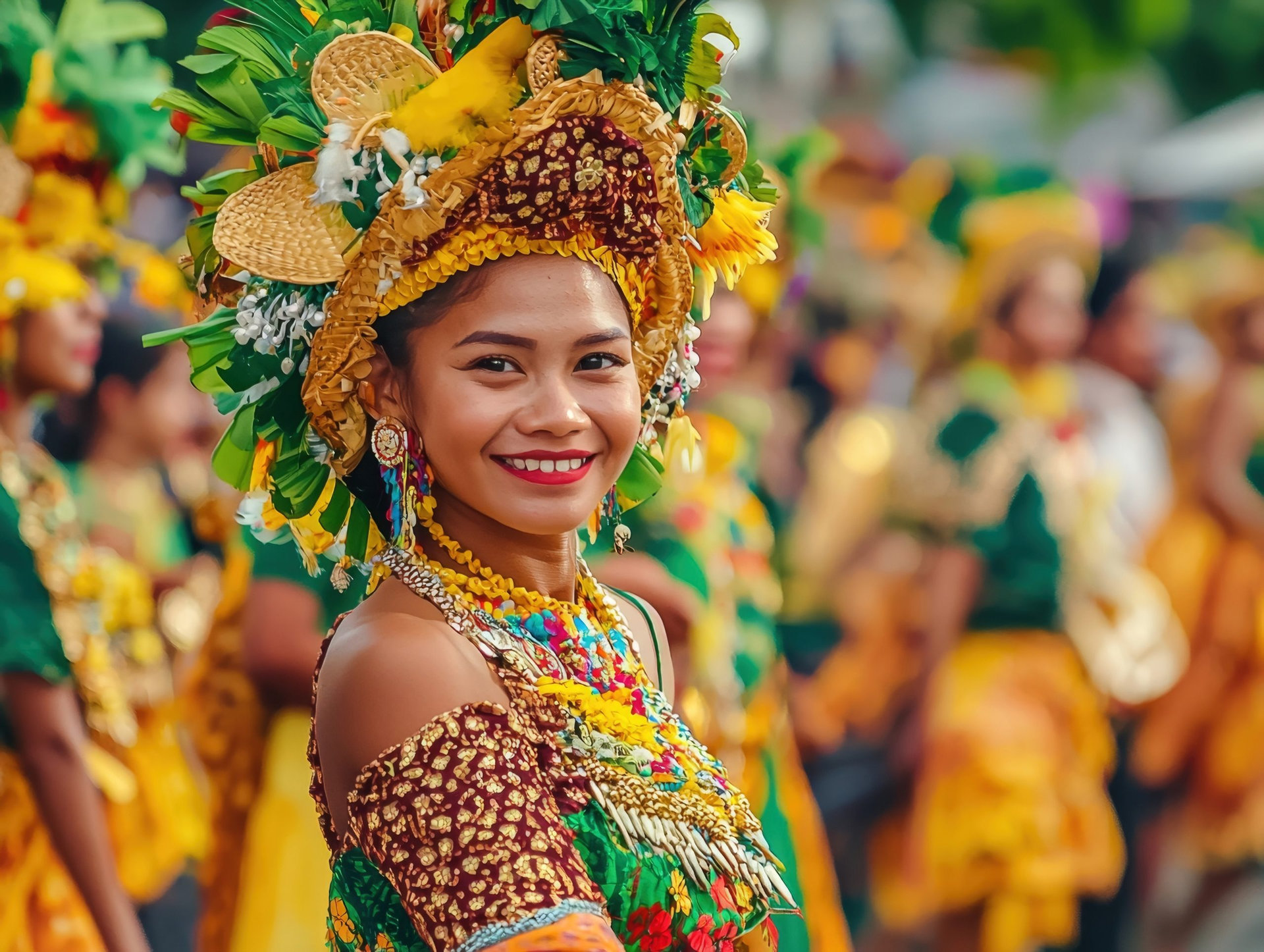 Vibrant Outdoor Cultural Festival with Colorful Indigenous Costumes Headdresses and Lively Showcasing the Diversity and Traditions of an Ethnic Community
