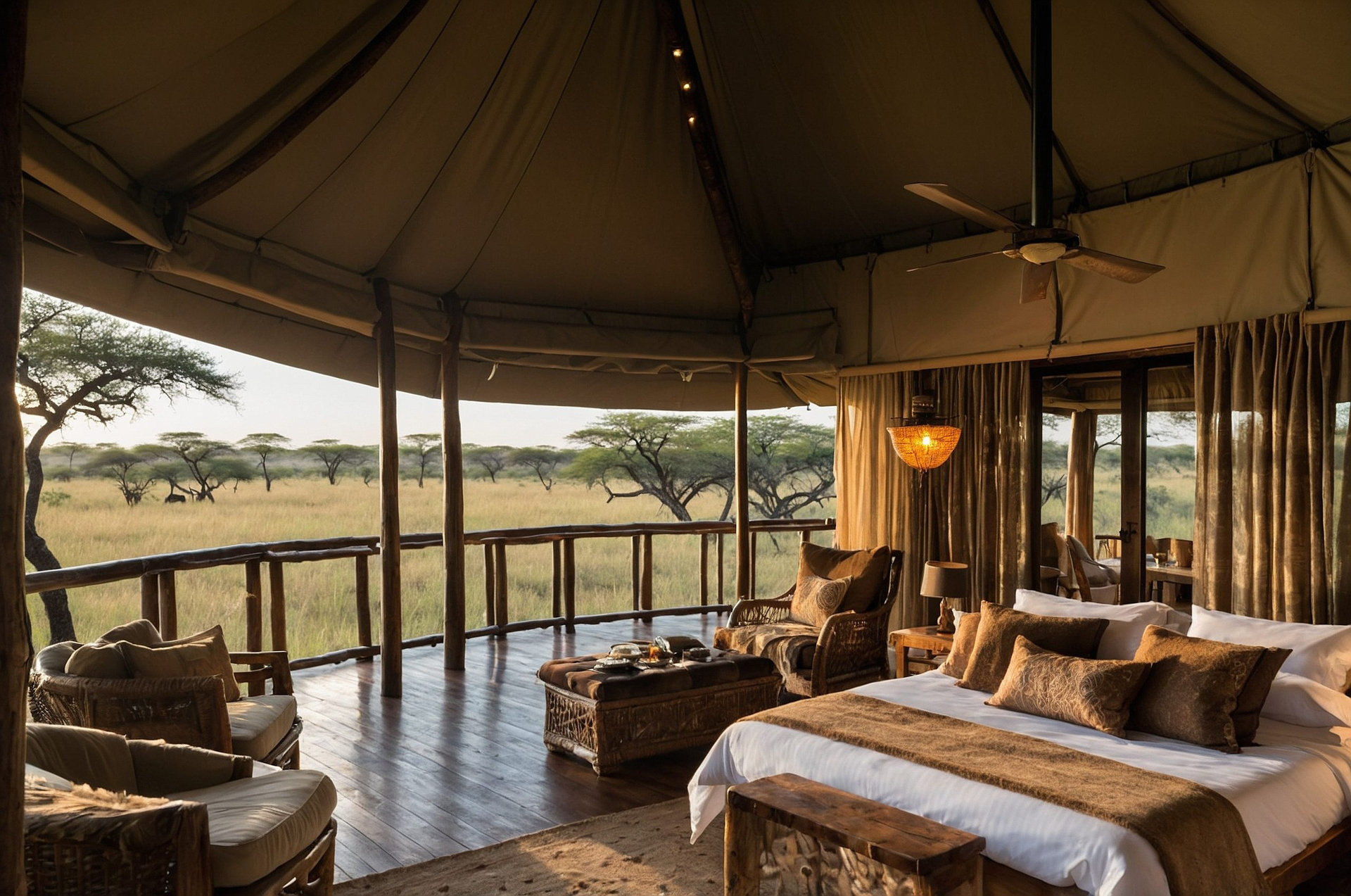 A high-end tented safari lodge featuring refined interiors, private decks, and panoramic views of wildlife