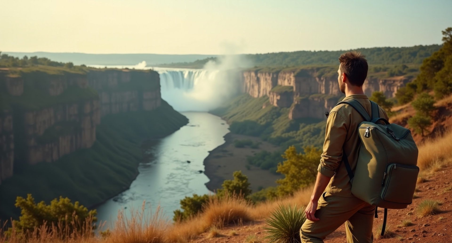 Male trekker by Victoria Falls, Zambia/Zimbabwe, overlooking a scenic expanse in muted olive and khaki tones. Captured in detailed Hasselblad X1D, 8k resolution.