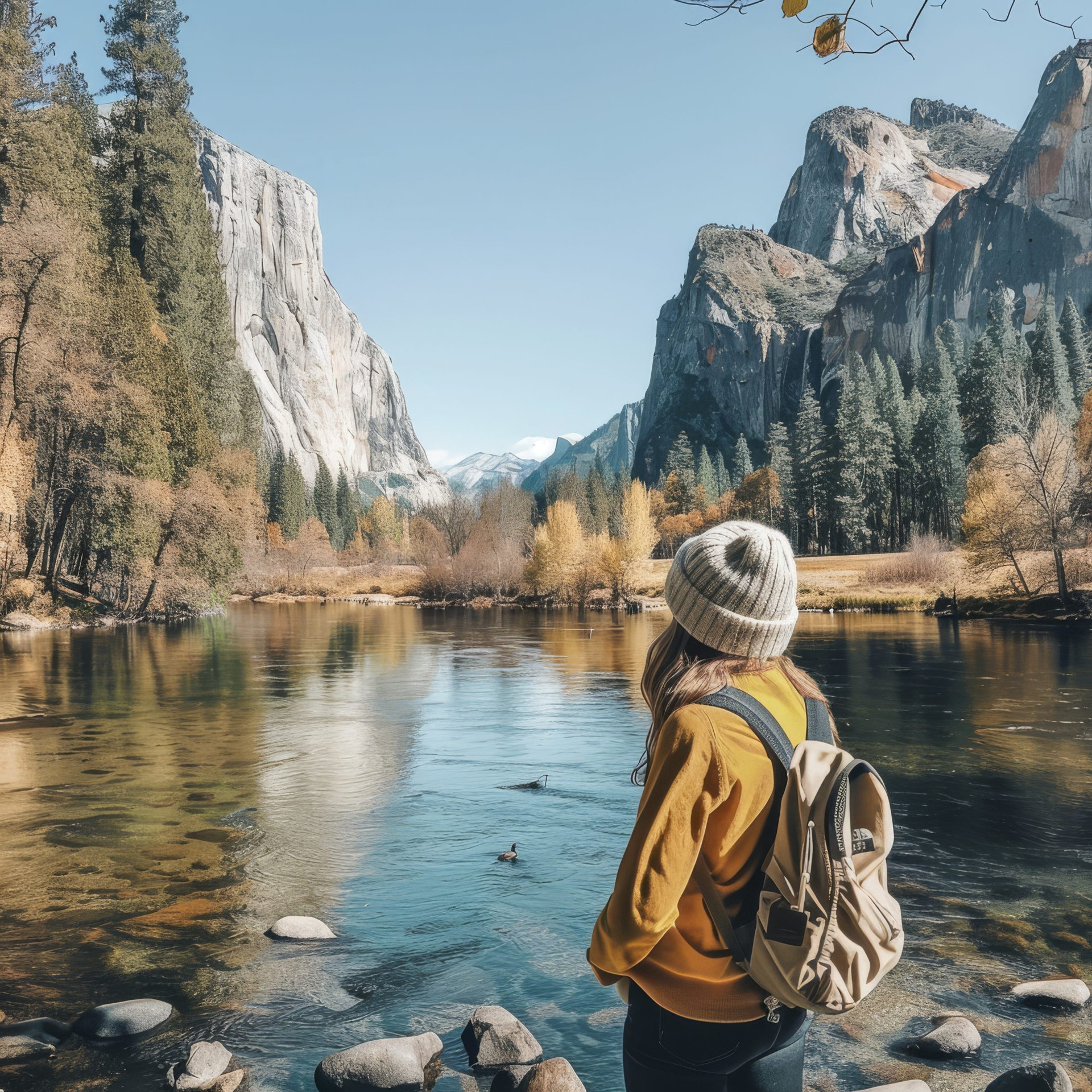 Female tourist in Yosemite looking at river against mountains -