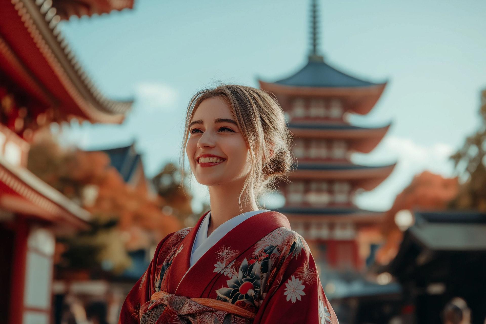 Happy young traveler woman wearing Japanese traditional kimono enjoying walking in the city