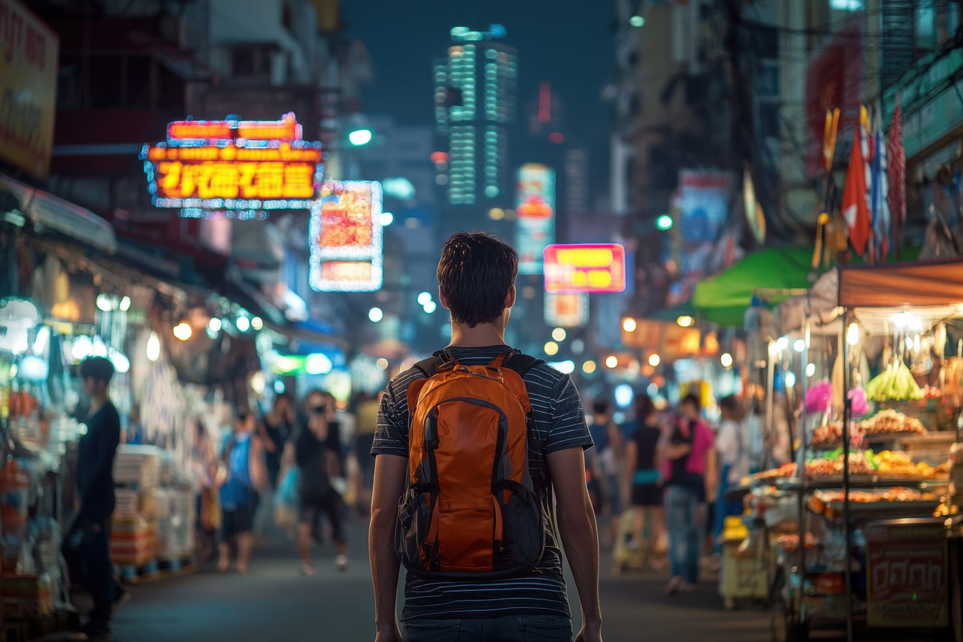 A solo backpacker walking through a bustling Asian city street at night