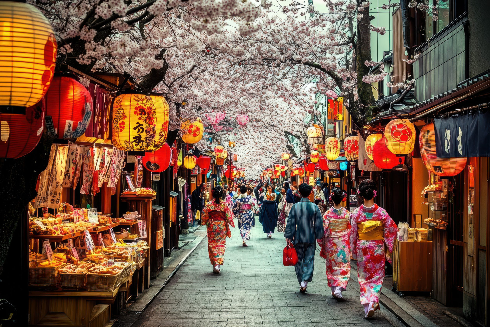 A traditional cultural festival in Japan, with people dressed in colorful kimonos walking through a narrow street lined with cherry blossom trees.