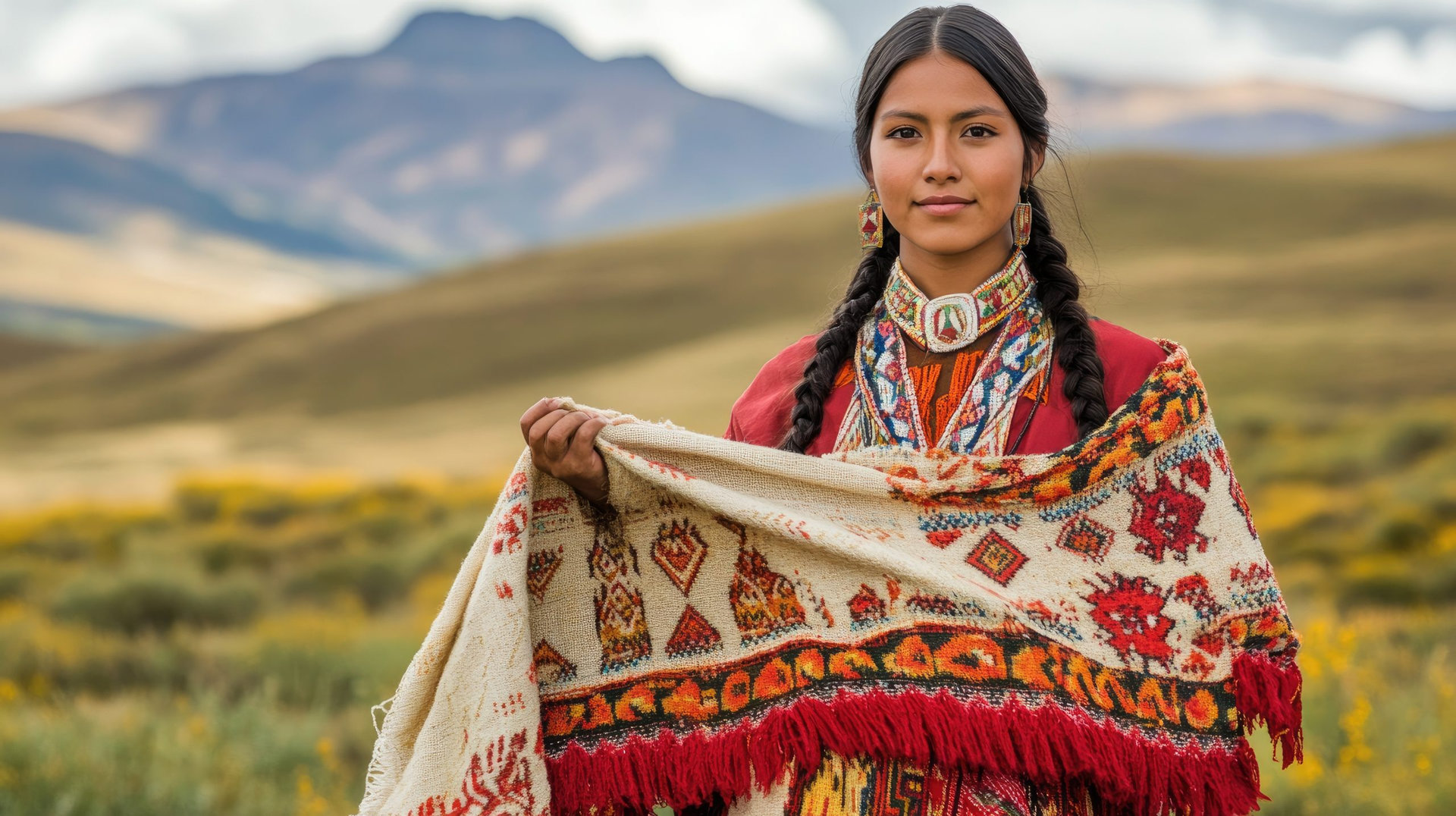 Indigenous woman proudly displaying traditional andean textile with intricate patterns, standing against the backdrop of a majestic mountain landscape