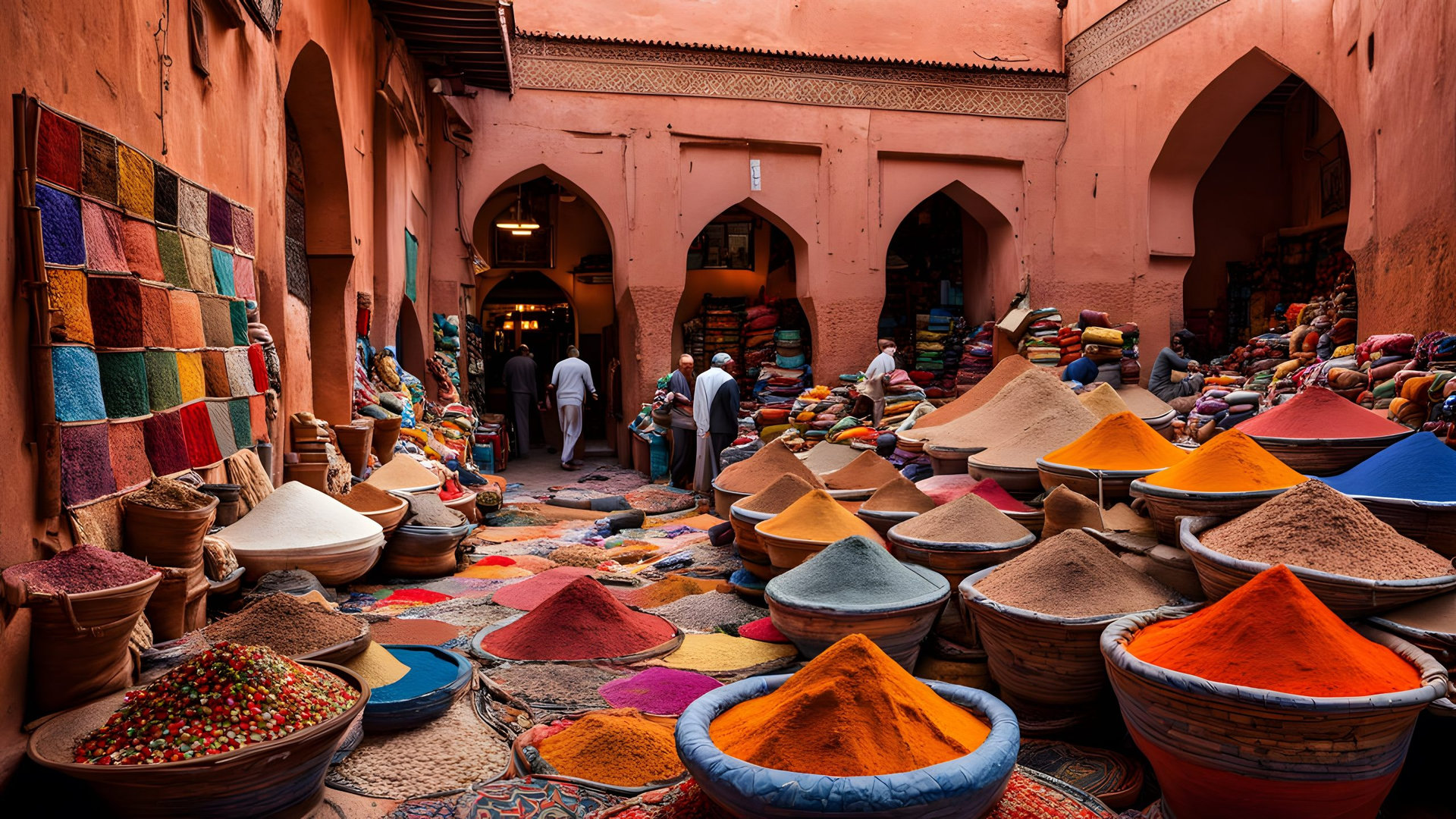Morocco a vibrant bazaar in Marrakesh with intricate mosaics colorful rugs and spices filling, Ai Generated
