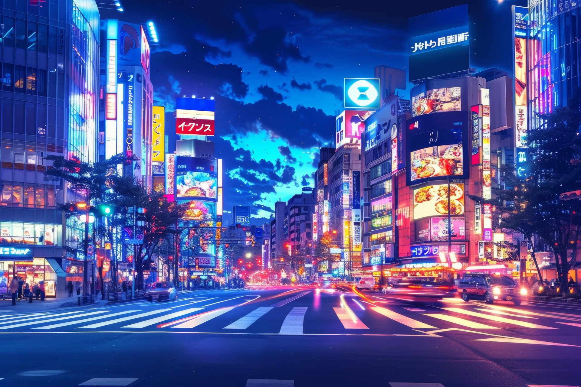 Neon lights illuminate the bustling streets of Shibuya, Tokyo, Japan, at night. The iconic scramble crossing is visible.
