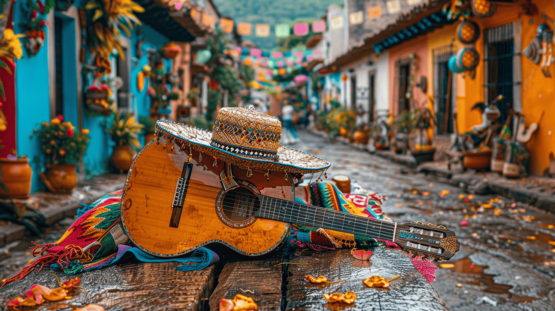 Vibrant Mexican Fiesta with Colorful Costumes and Street Dancing