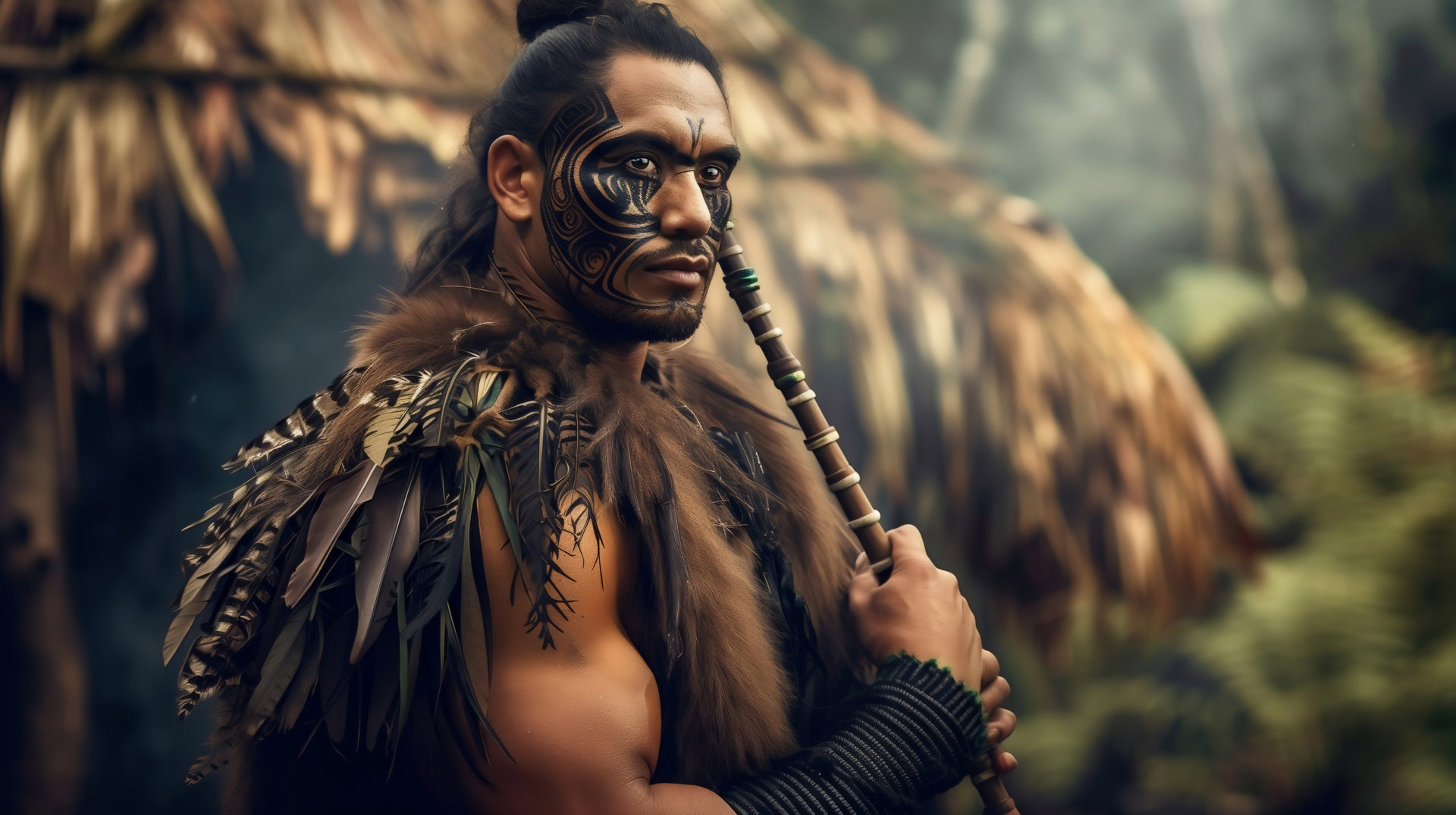 A Maori warrior, adorned with intricate facial tattoos, stands holding a spear. He wears a cloak of feathers and fur, showcasing traditional attire. A thatched hut is in the background.