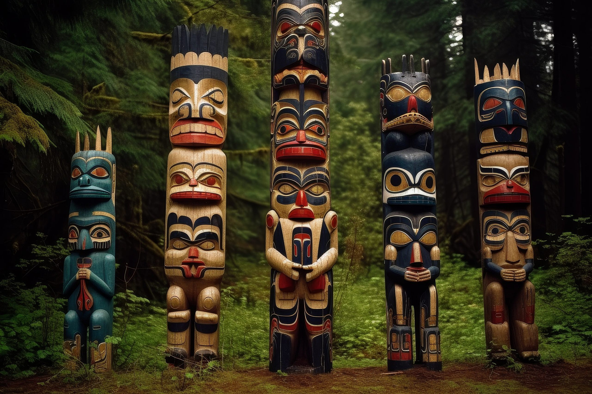 Symbols of ancient stories and beliefs, Native American totem poles and carvings stand tall, representing the rich cultural heritage of indigenous peoples.