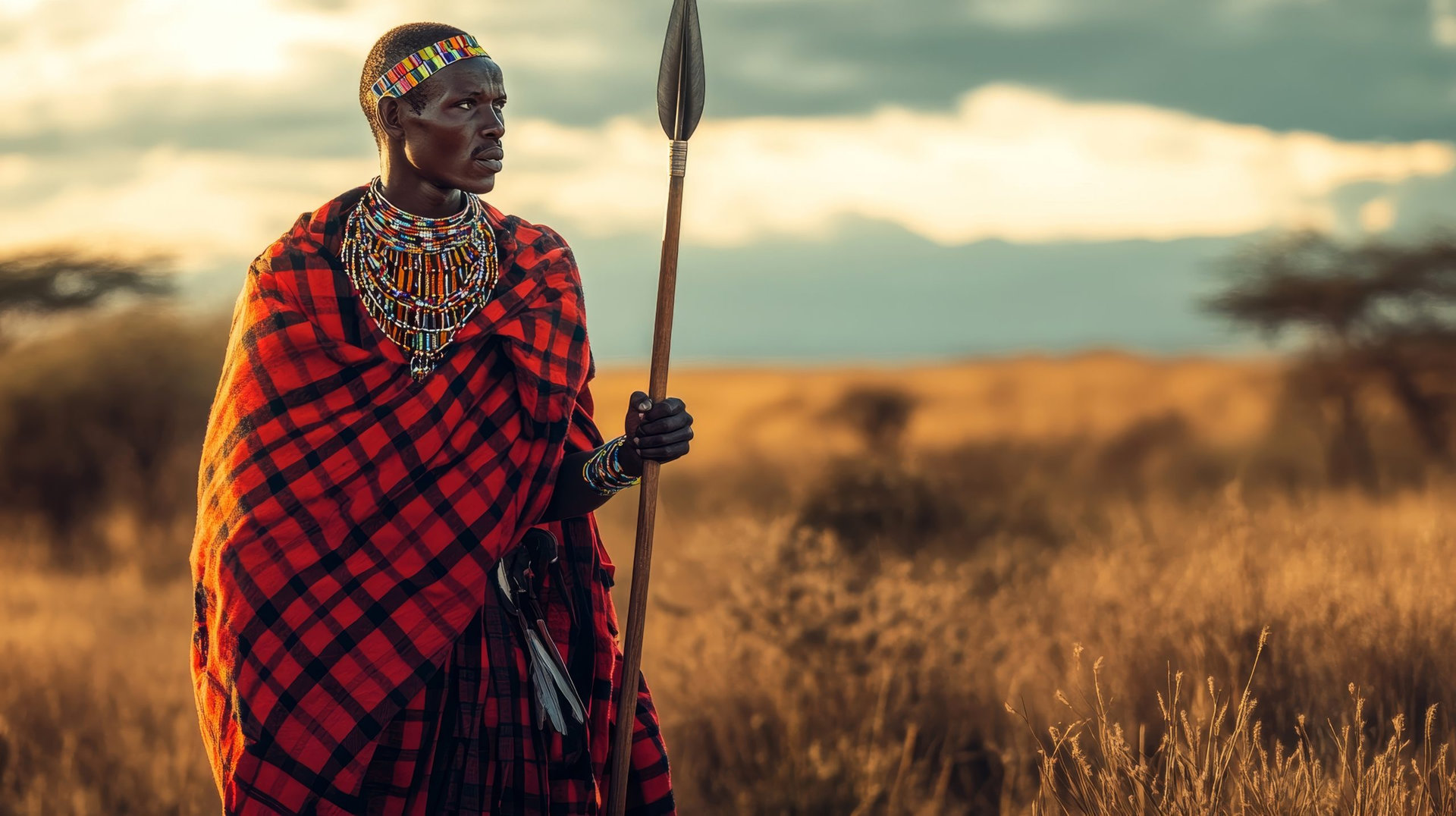 Proud Kenyan Maasai Warrior in Traditional Attire Holding Spear with Savannah Landscape Background