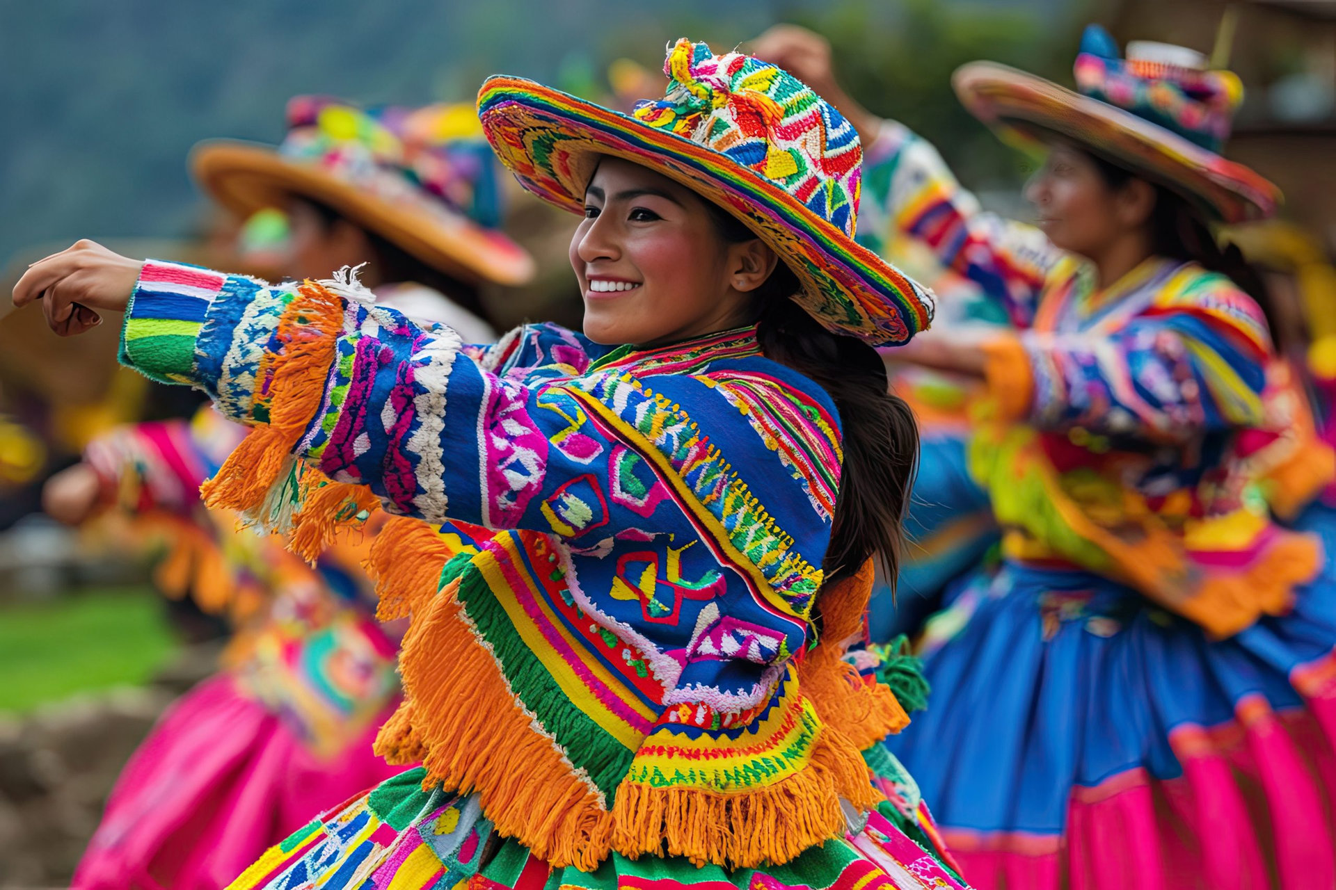 Woman in Colorful Traditional Clothing and Hat Dancing