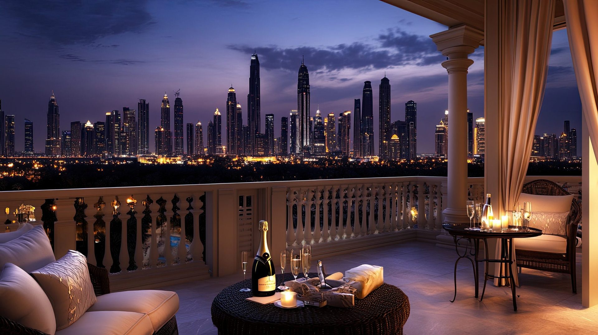 Dubai Skyline Romance: A couple enjoys a romantic evening on a luxurious balcony overlooking the breathtaking Dubai skyline, complete with champagne and a cozy ambiance.