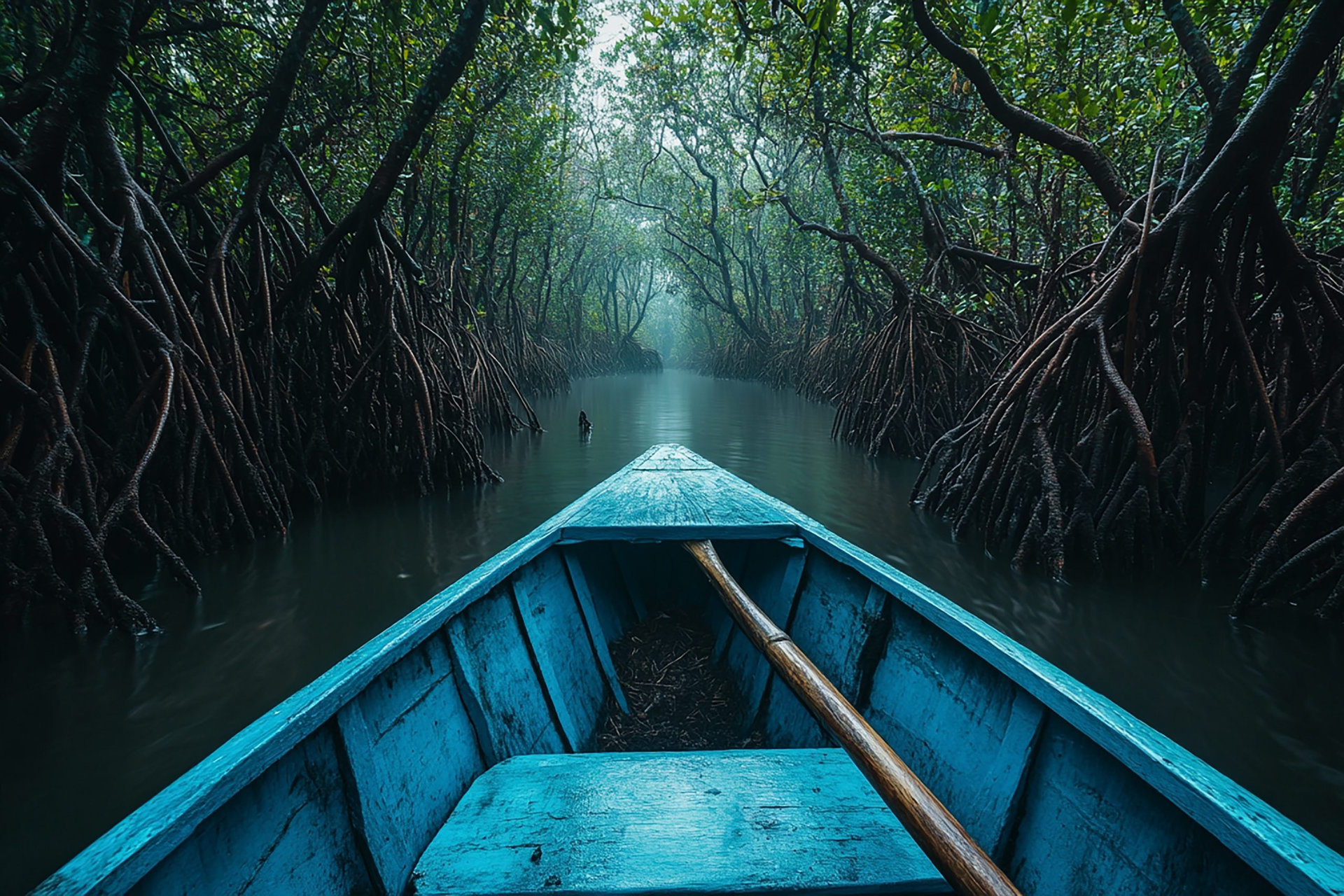 Boat journey in mangrove forest, tree roots in jungle