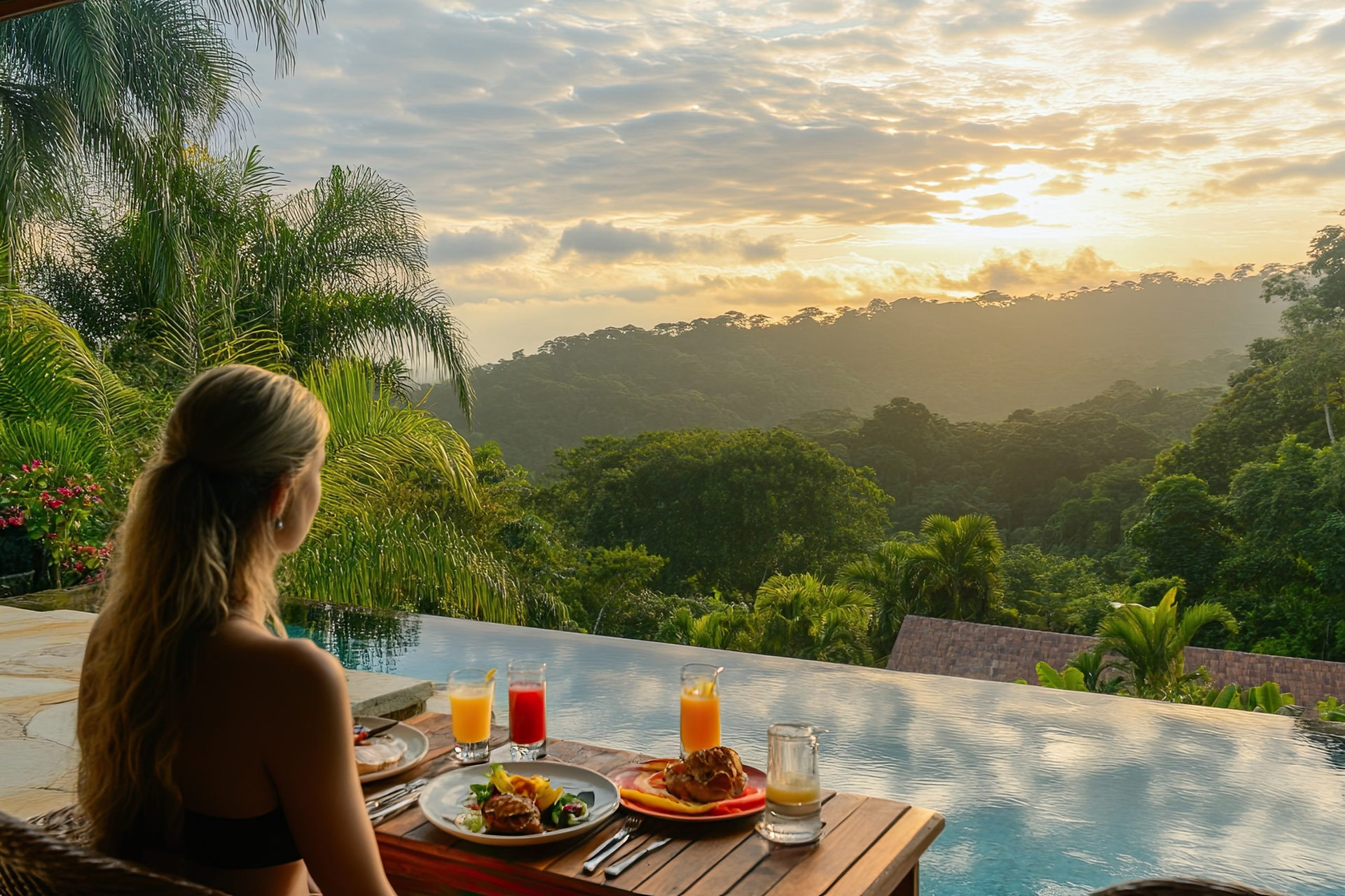 A female traveler has breakfast by the pool while enjoying an exotic meal at the spa of a luxury hotel overlooking.