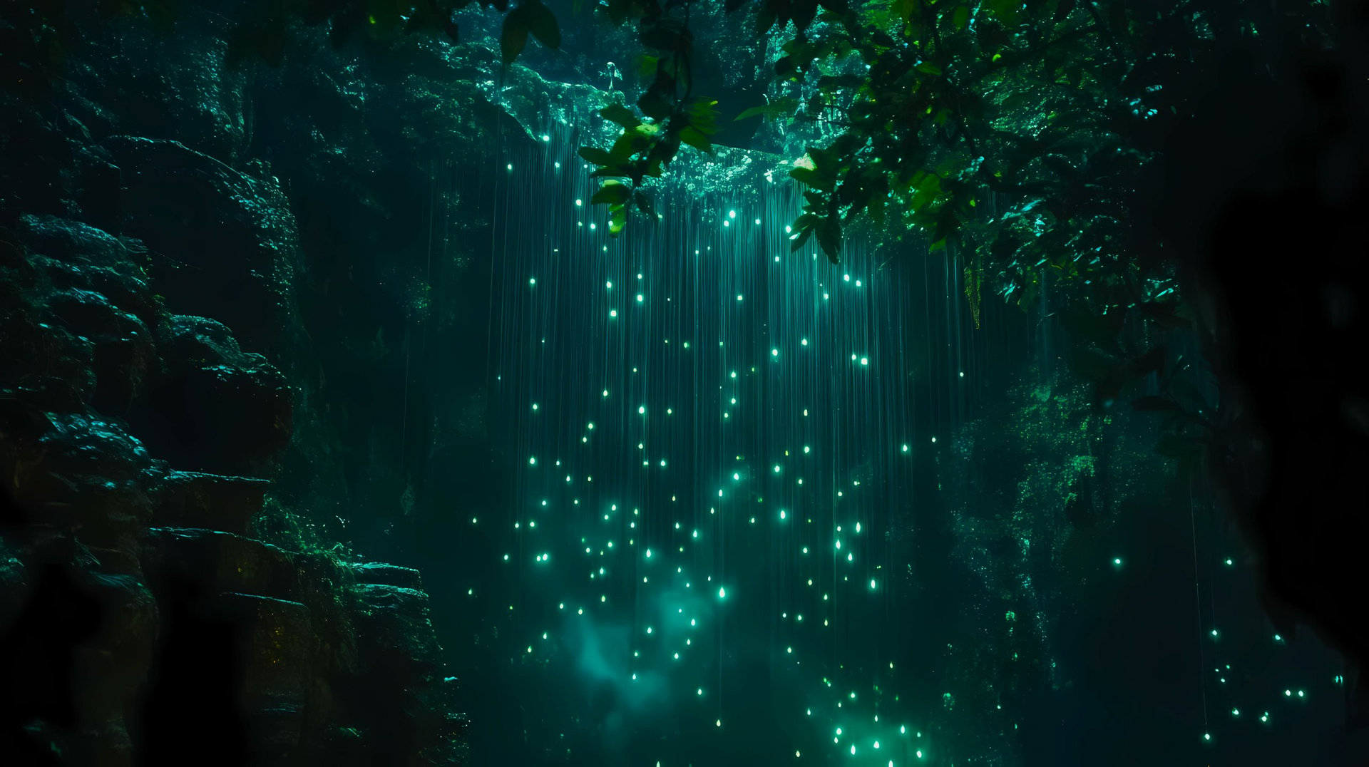 Waitomo Glowworm Caves in New Zealand with glowing lights