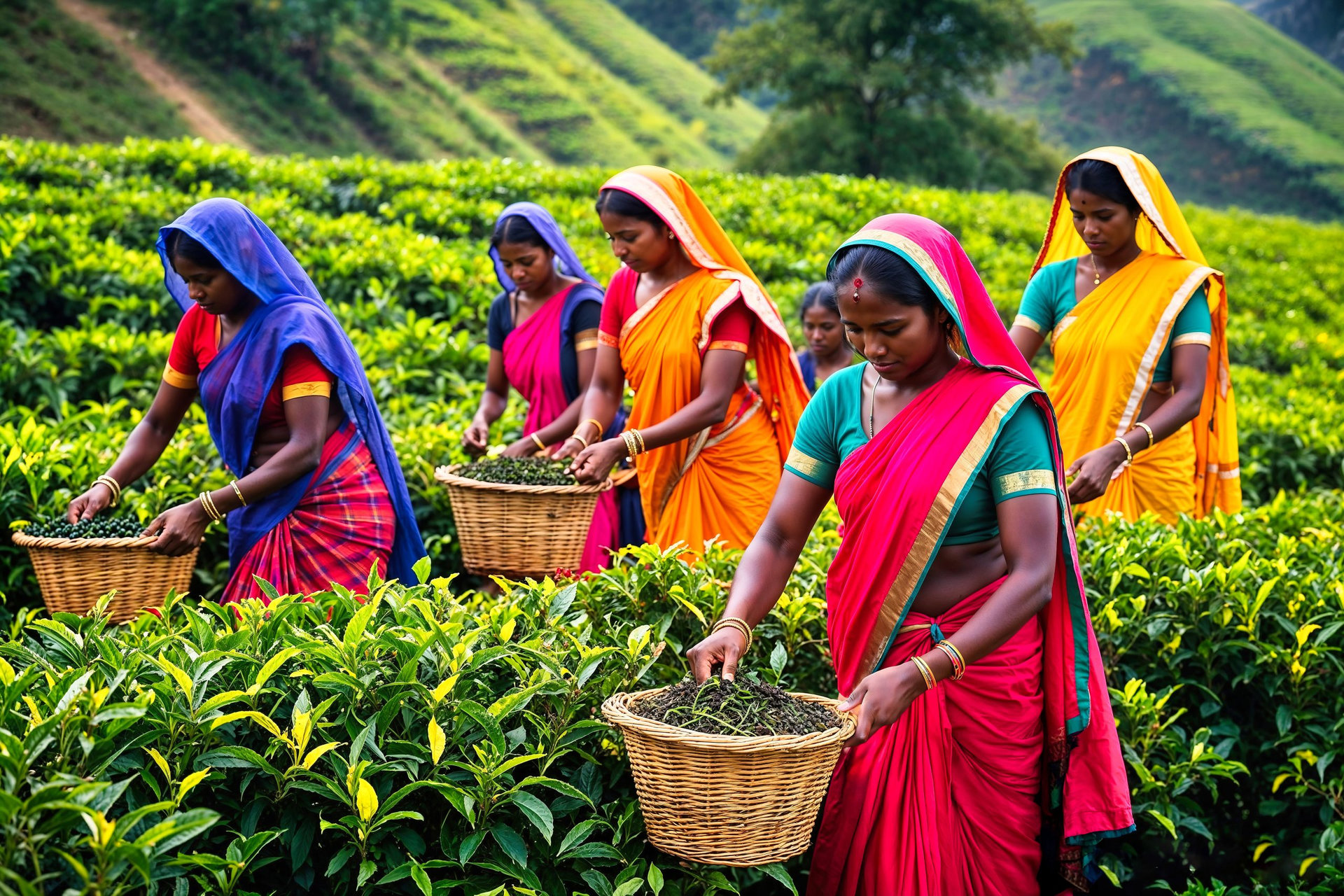 Young Indian women picking tea leaves in a tea plantation.