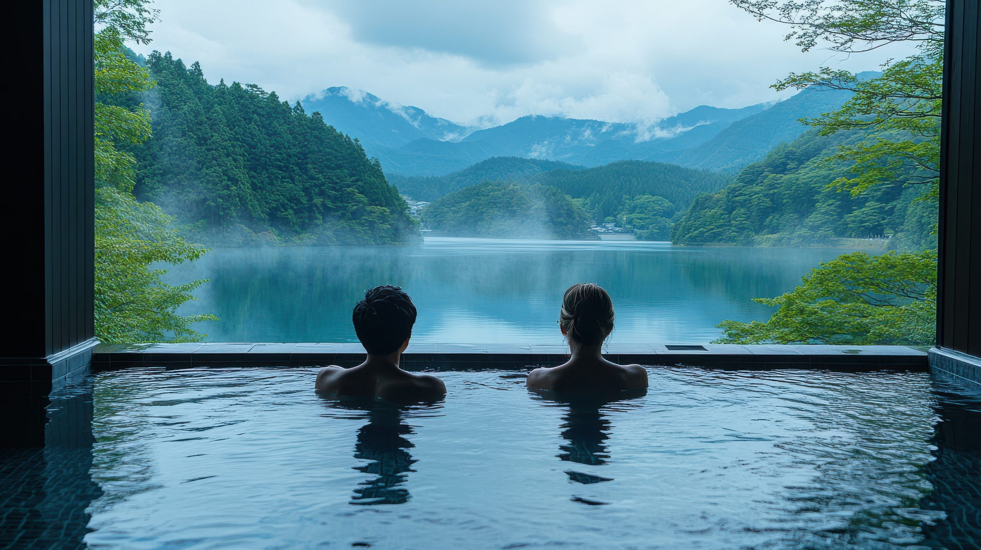 A couple enjoying a private onsen in Japan, with views of a tranquil lake and mountains in the background, embodying serenity and relaxation.