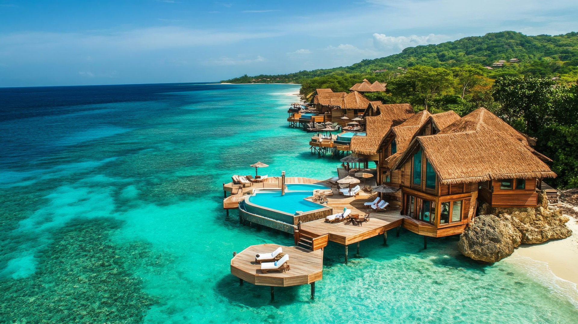 An aerial view of crystal-clear blue water with wooden overwater bungalows, sandy shores, and guests relaxing in private pools overlooking the ocean.