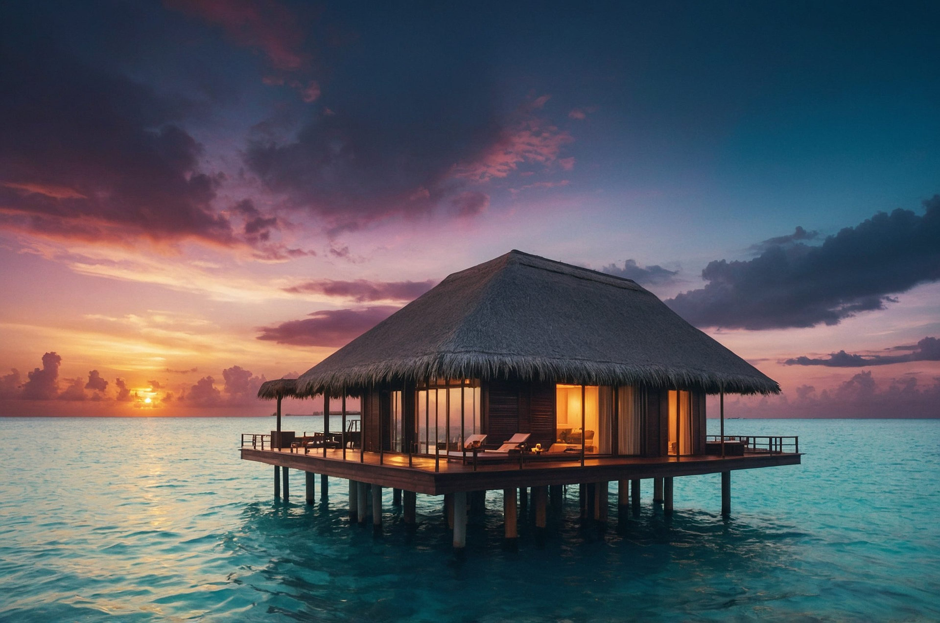an overwater villa in the Maldives with a private pool and sunset view.
