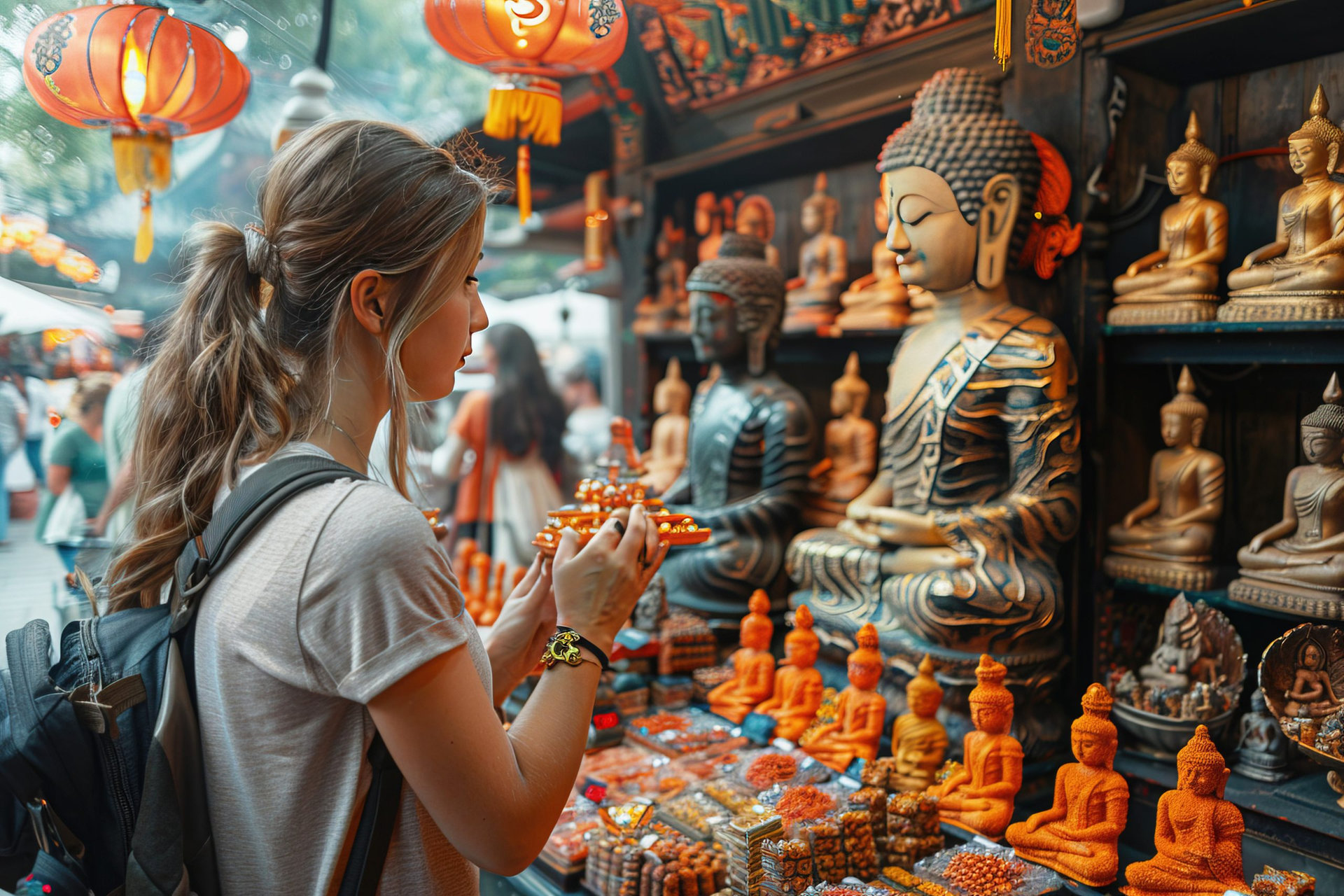 Asian oriental souvenir stall with Buddha statues, religious products for tourists and travelers. Header banner mockup with copy space.