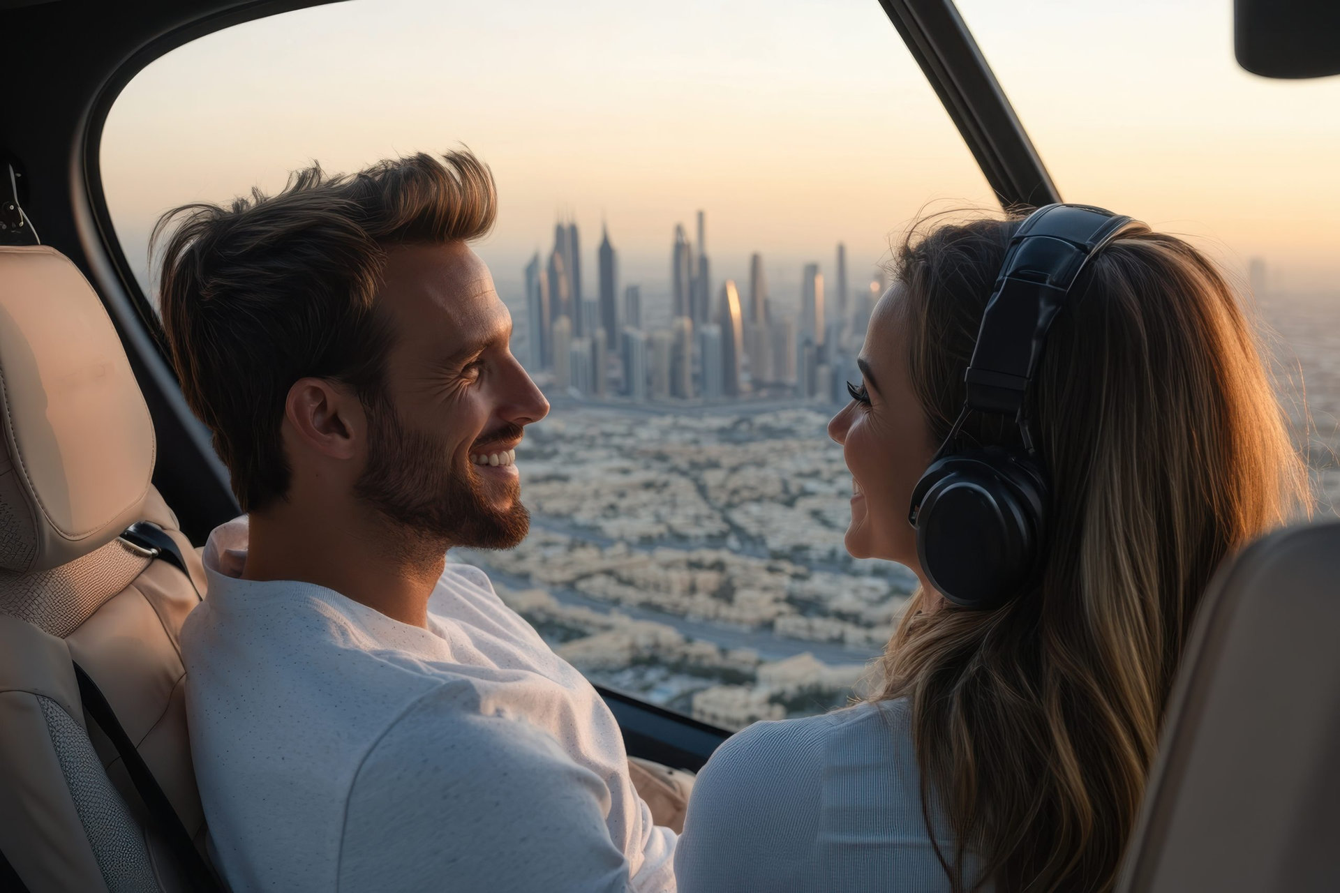 A joyful couple sharing smiles and excitement during a helicopter ride over Dubai's mesmerizing skyline, capturing a moment of connection and adventure.