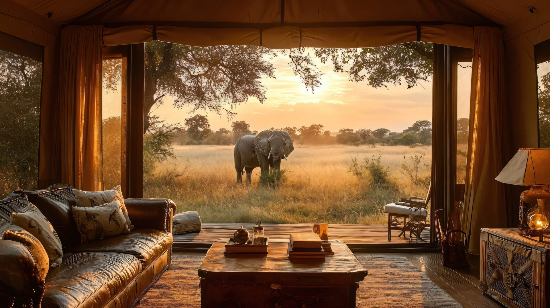 Golden hour illuminating an elephant grazing in the african savanna, seen from the luxurious interior of a safari tent