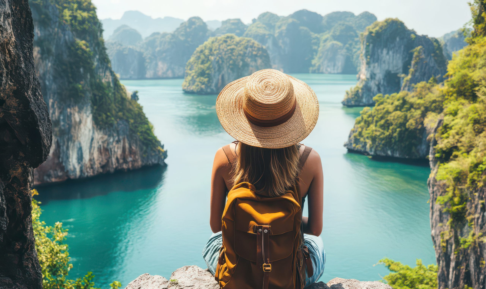 Woman traveler serene view mountains bay ocean travel backpack hat summer adventure journey woman girl female landscape scenic view nature outdoors serene peaceful calm relaxation holiday vacation.