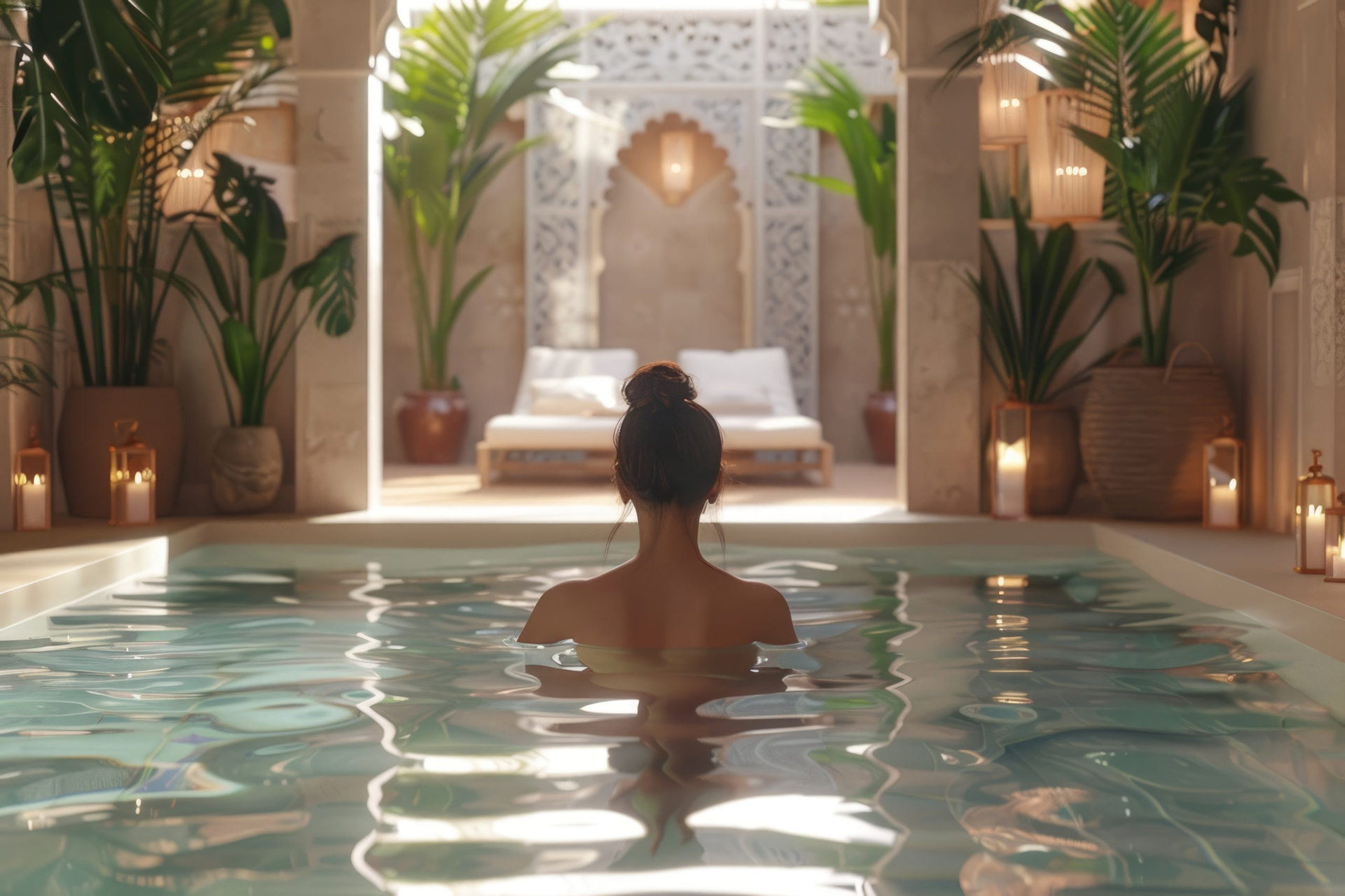 Young woman relaxes in Moroccan spa retreat.