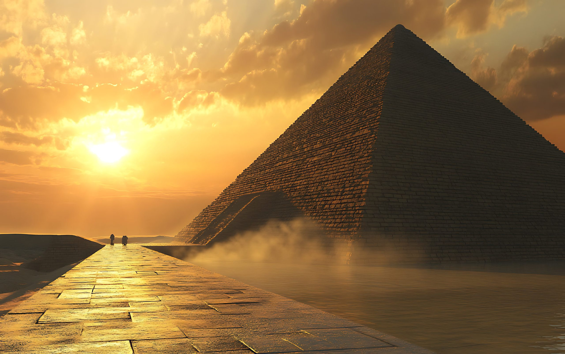 A single figure walks toward a massive stone pyramid at sunset, with a path leading through a mist-filled landscape.