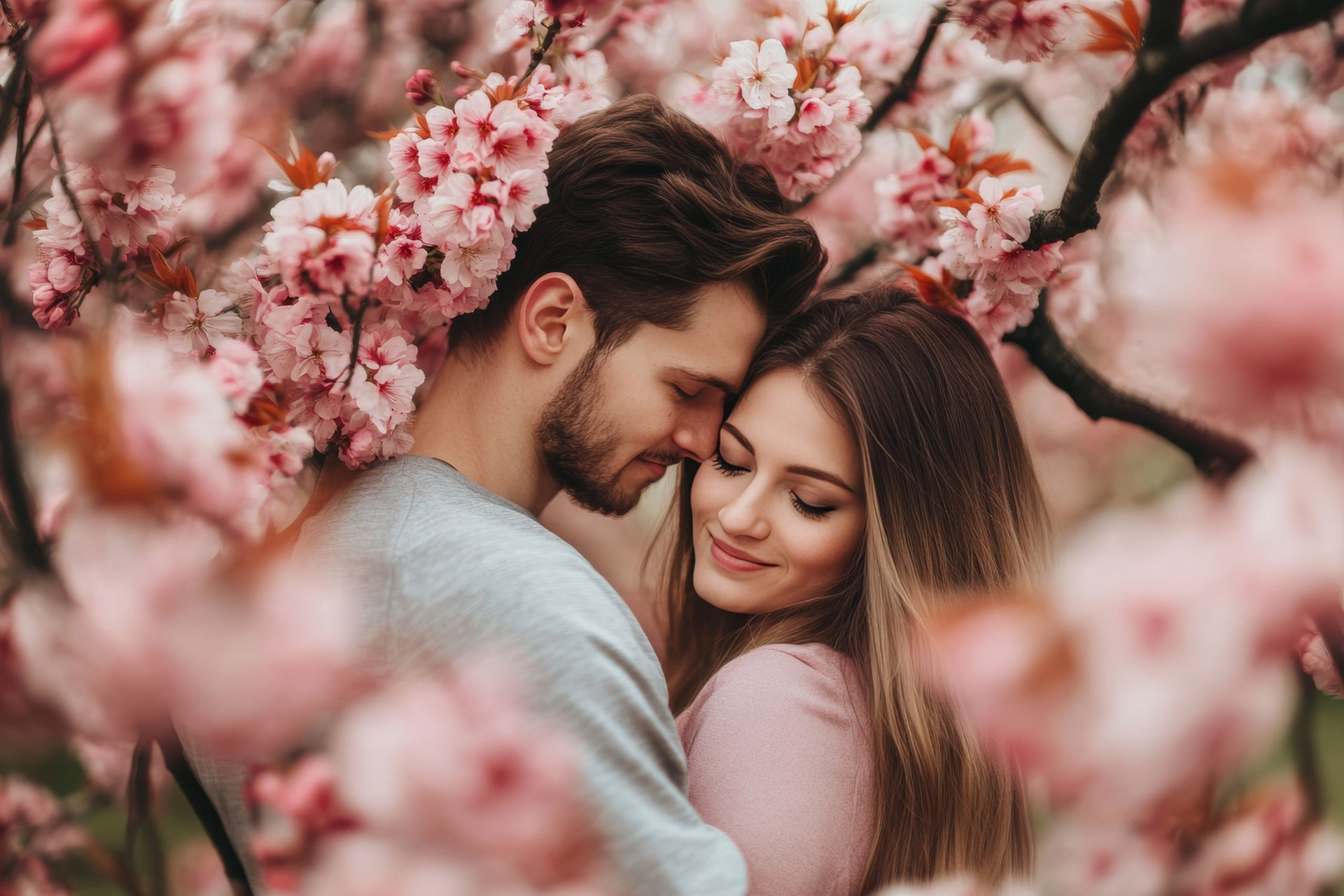 Charming couple embracing under sakura blossoms during japan s beautiful spring season