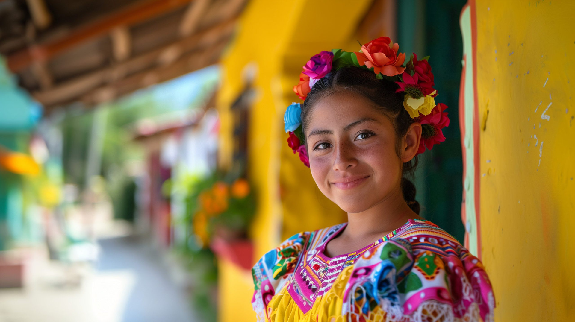 Retrato de niña mexicana usando traje típico mientras sonríe a la cámara