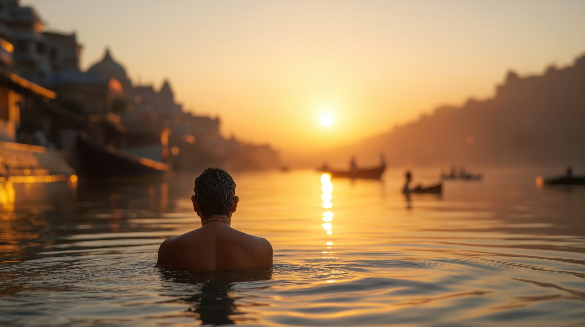 Serene sunrise over the Ganges River at Varanasi