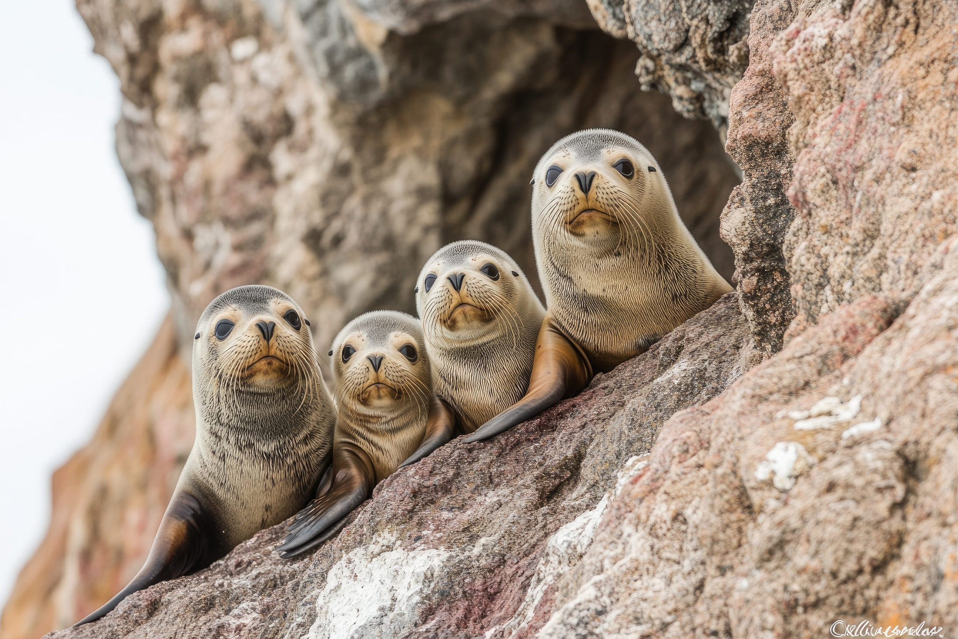 Four australian sea lions resting on a rock on a sunny day